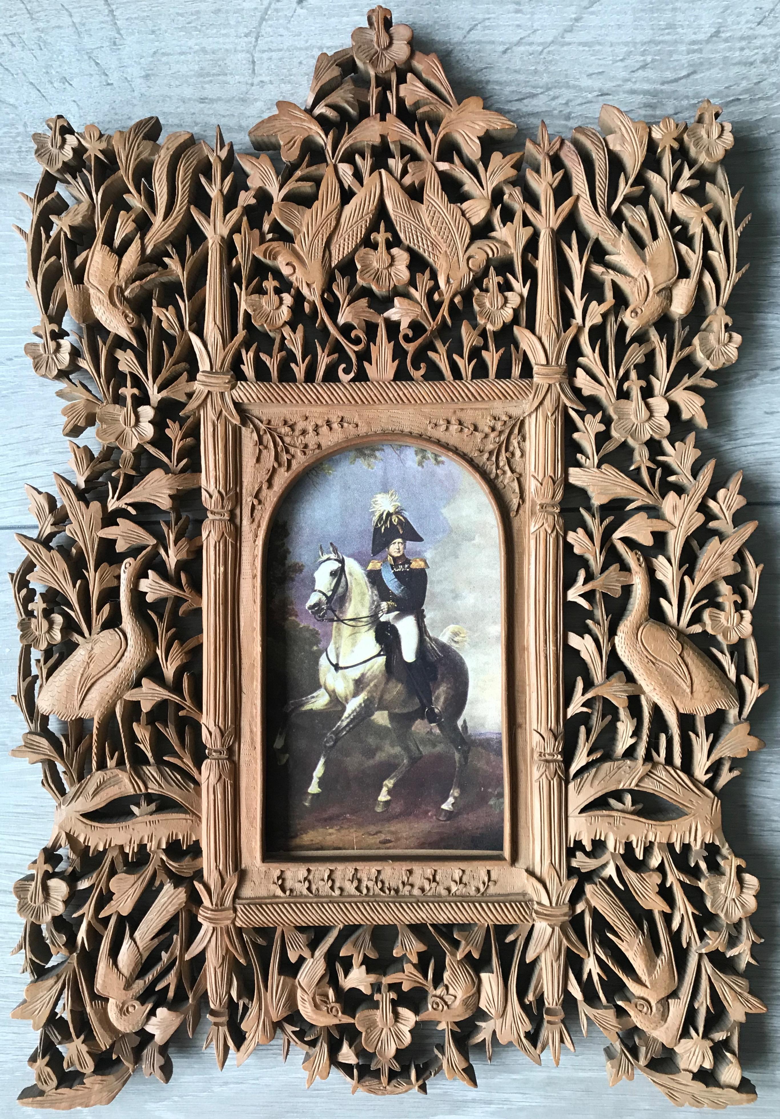 20th Century Rare Early 1900s Finely Hand Carved Flowers and Animals Sculpture Picture Frame