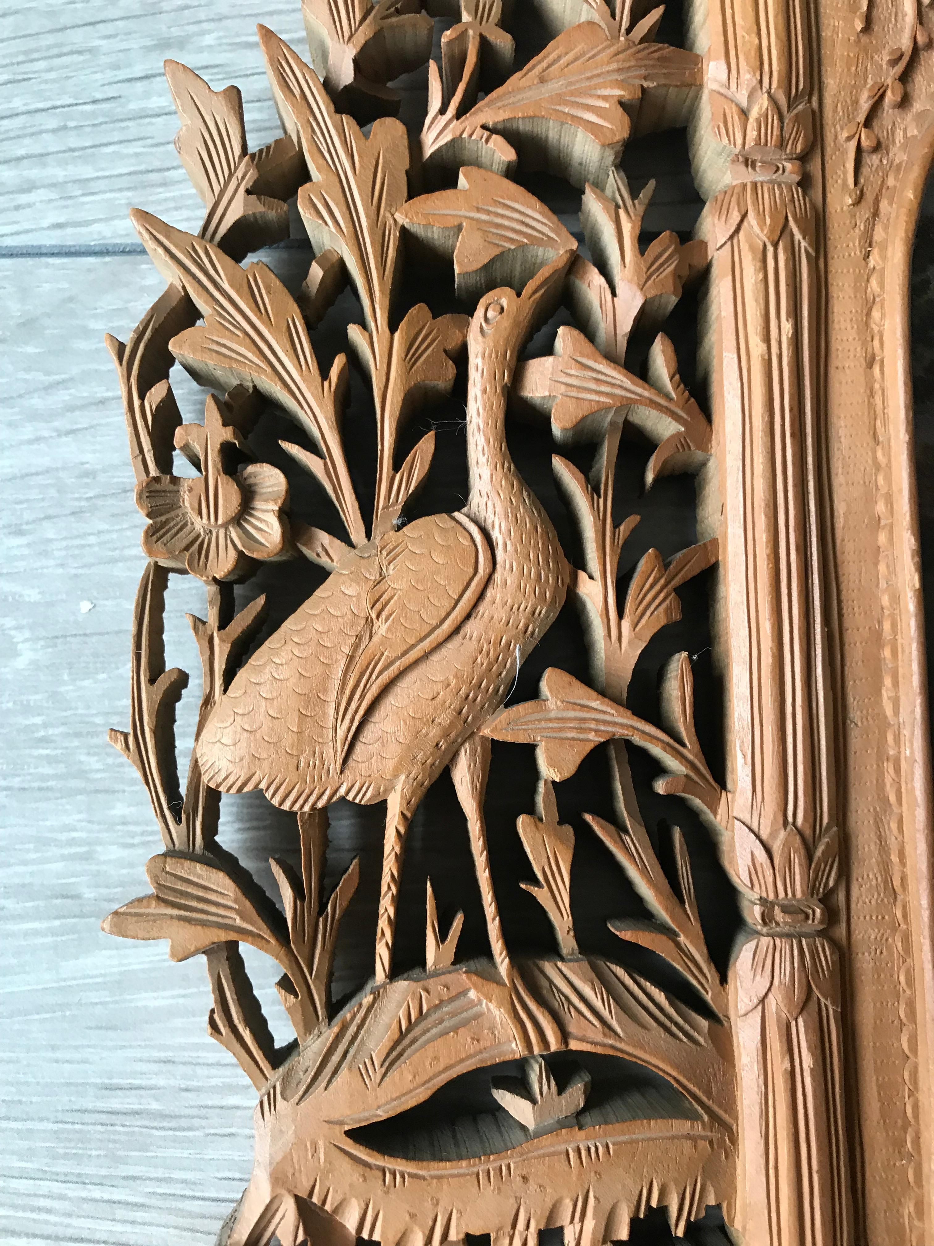 Folk Art Rare Early 1900s Finely Hand Carved Flowers and Animals Sculpture Picture Frame