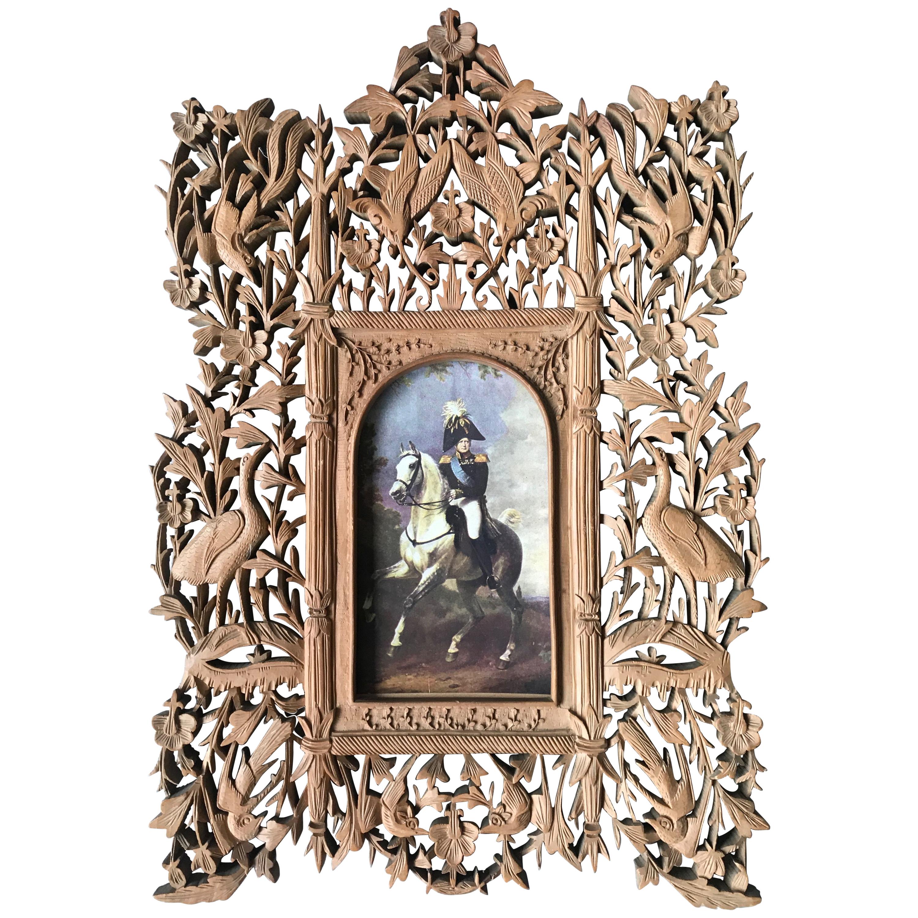 Rare Early 1900s Finely Hand Carved Flowers and Animals Sculpture Picture Frame