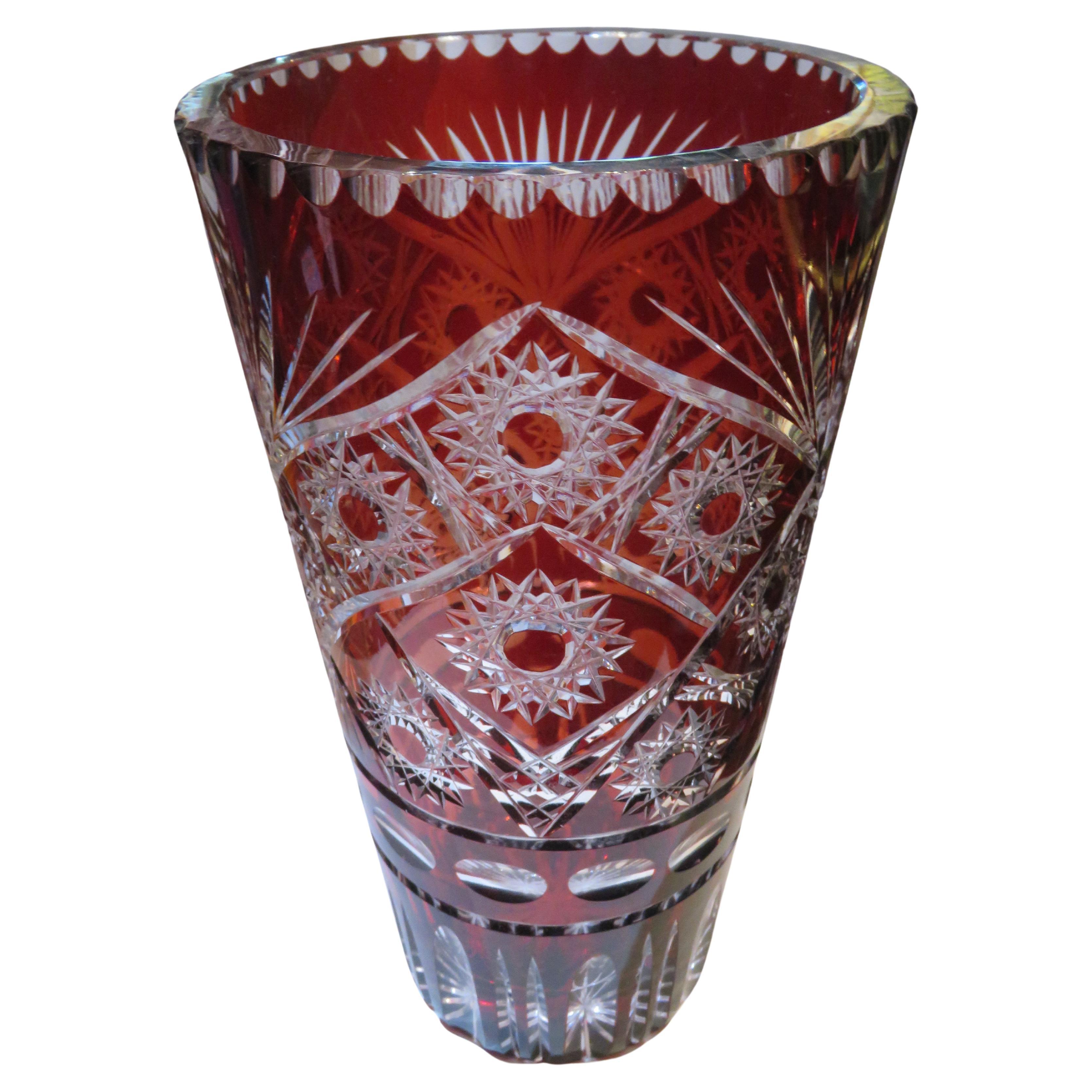 Rare Early 1900s Large Handcut Heavy Etched Diamond Cut Cranberry Crystal Vase