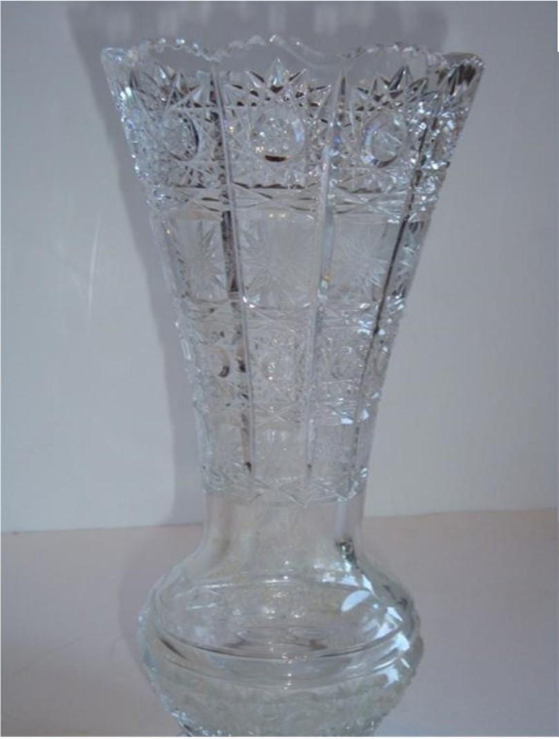 French RARE Early 1900s Large Handcut Heavy Etched Queens Lace Detailed Crystal Vase For Sale