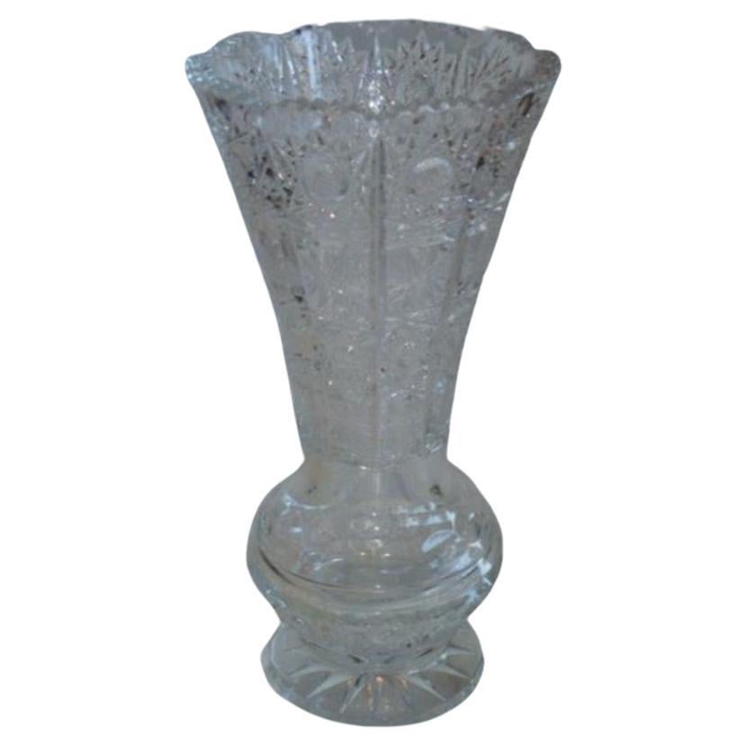 RARE Early 1900s Large Handcut Heavy Etched Queens Lace Detailed Crystal Vase For Sale