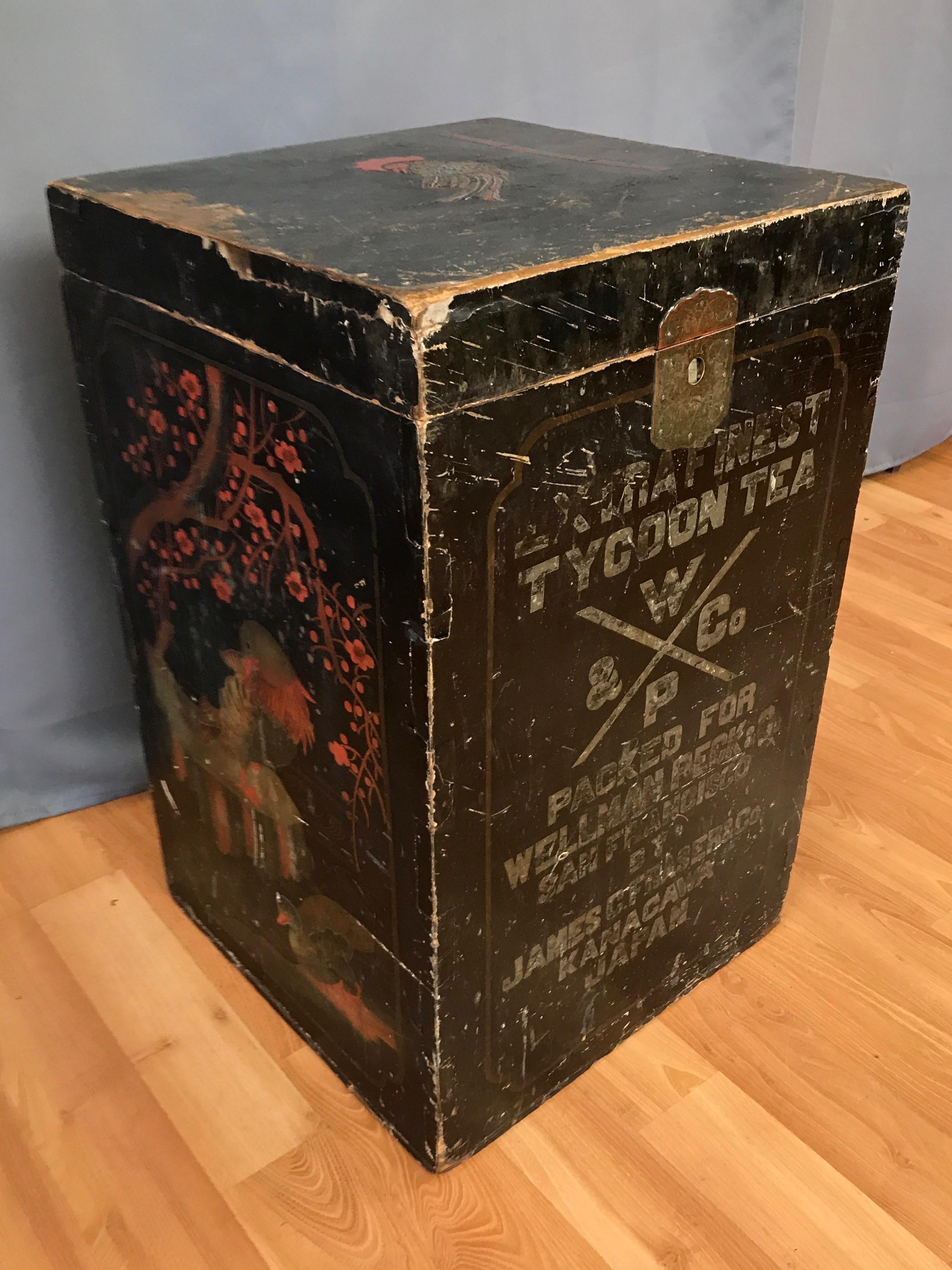 An especially rare, wonderfully decorated, and impressively sized early 1900s Wellman Peck & Co. lacquered wood tea box made in Japan for export and commercial use, and originally packed for shipping by James C. Fraser & Co.

Lively and colorful