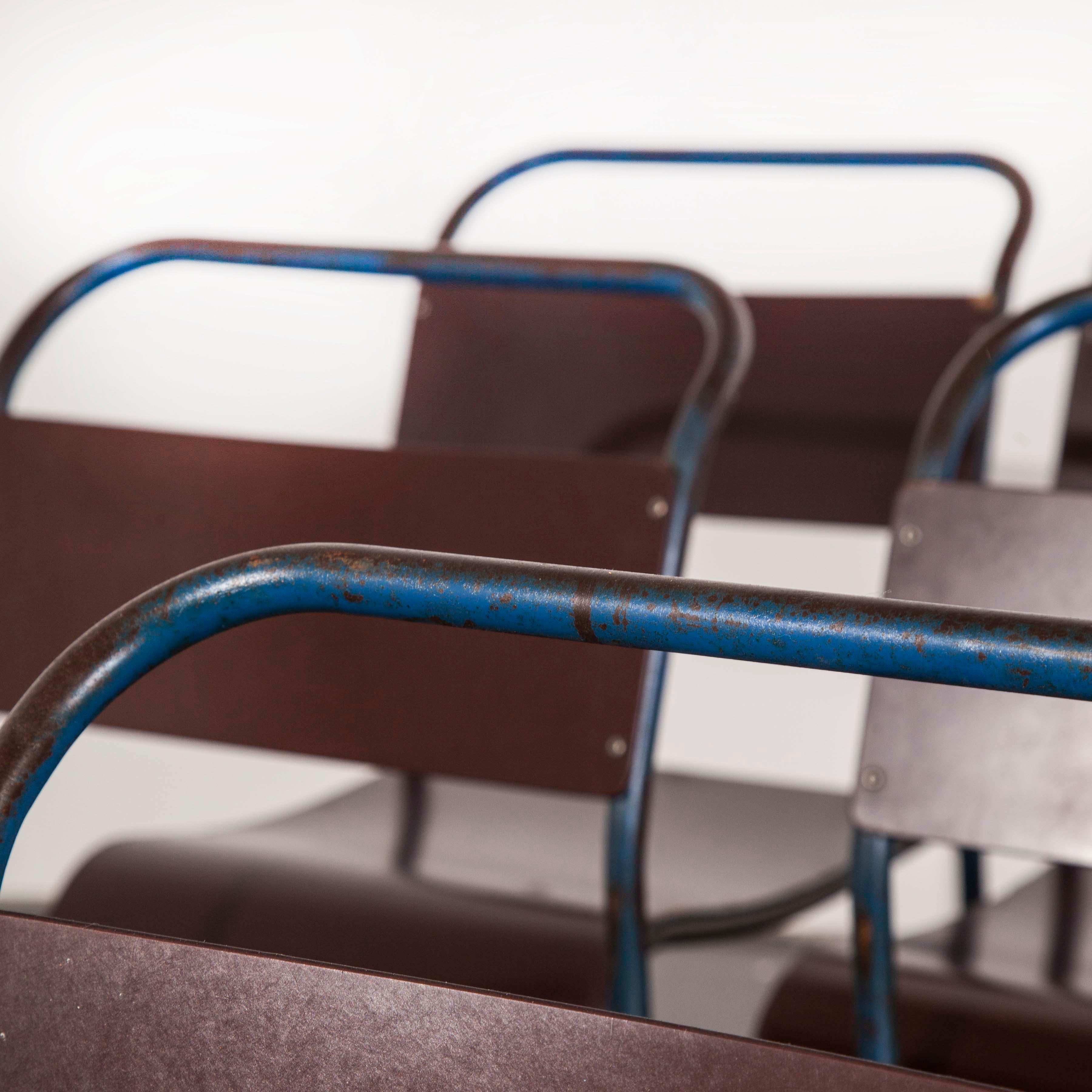 Rare early 1940s PEL Bakelite seat dining chairs – Set of eight – Other quantities available
Set of six rare early 1940s vintage PEL stacking Bakelite seat dining chairs. PEL was the first major producer of the tubular stacking chairs initially