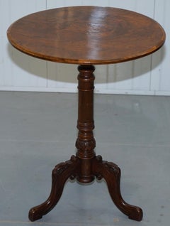 Rare Early 19th Century Burr Walnut Tripod Side Label Victorian Ornate Carving