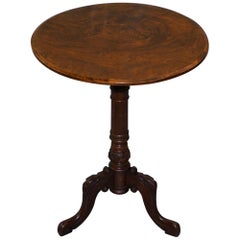 Antique Rare Early 19th Century Burr Walnut Tripod Side Label Victorian Ornate Carving