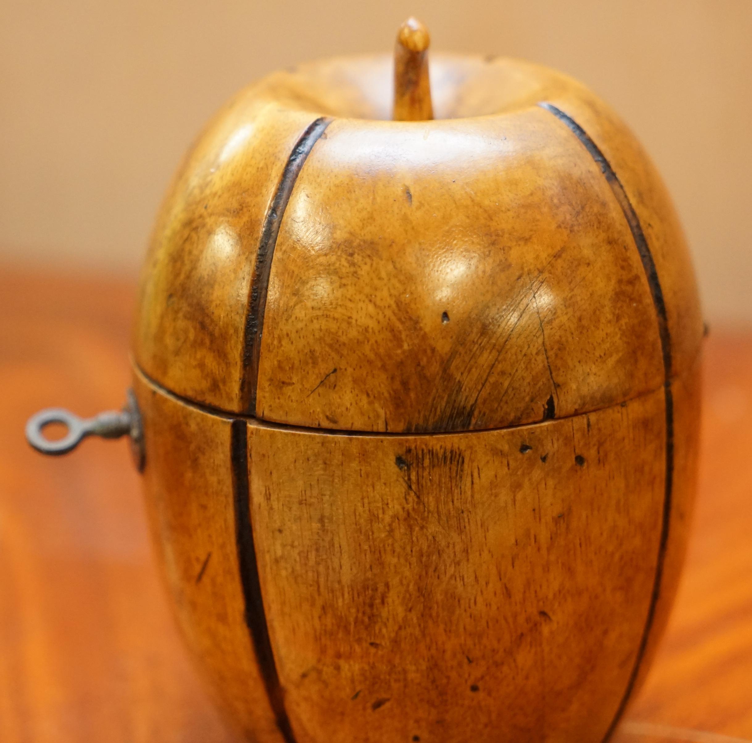 Rare circa 1820 Treen Hand Carved Apple Tea Caddy Original Key 3