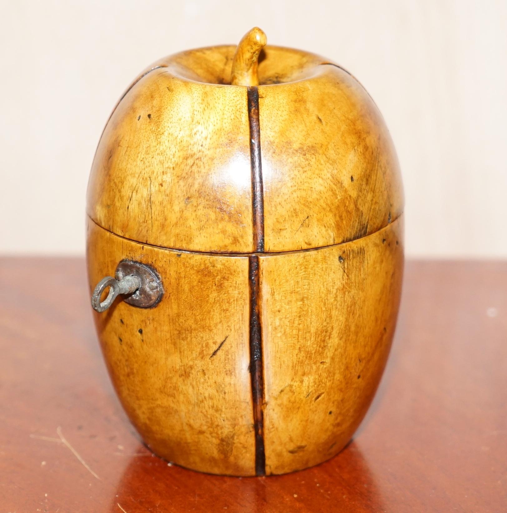 Regency Rare circa 1820 Treen Hand Carved Apple Tea Caddy Original Key