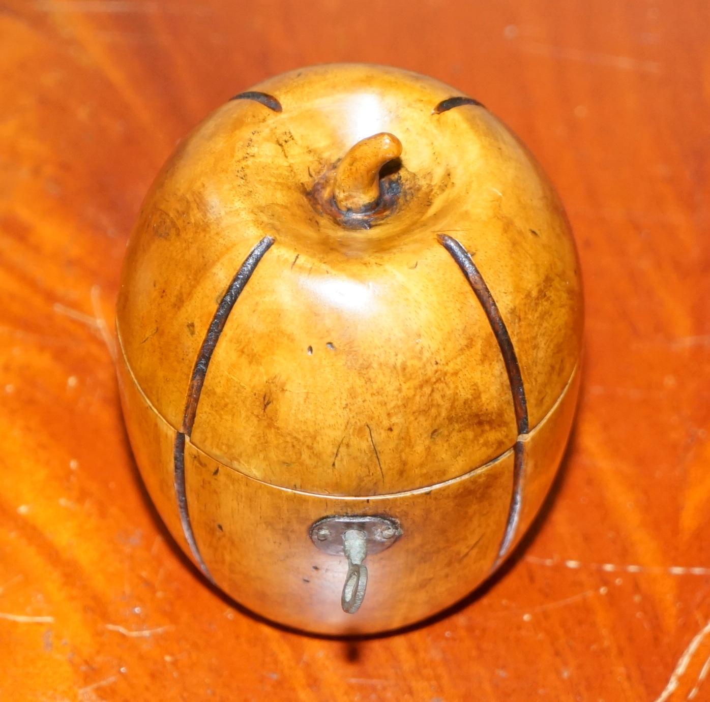 English Rare circa 1820 Treen Hand Carved Apple Tea Caddy Original Key