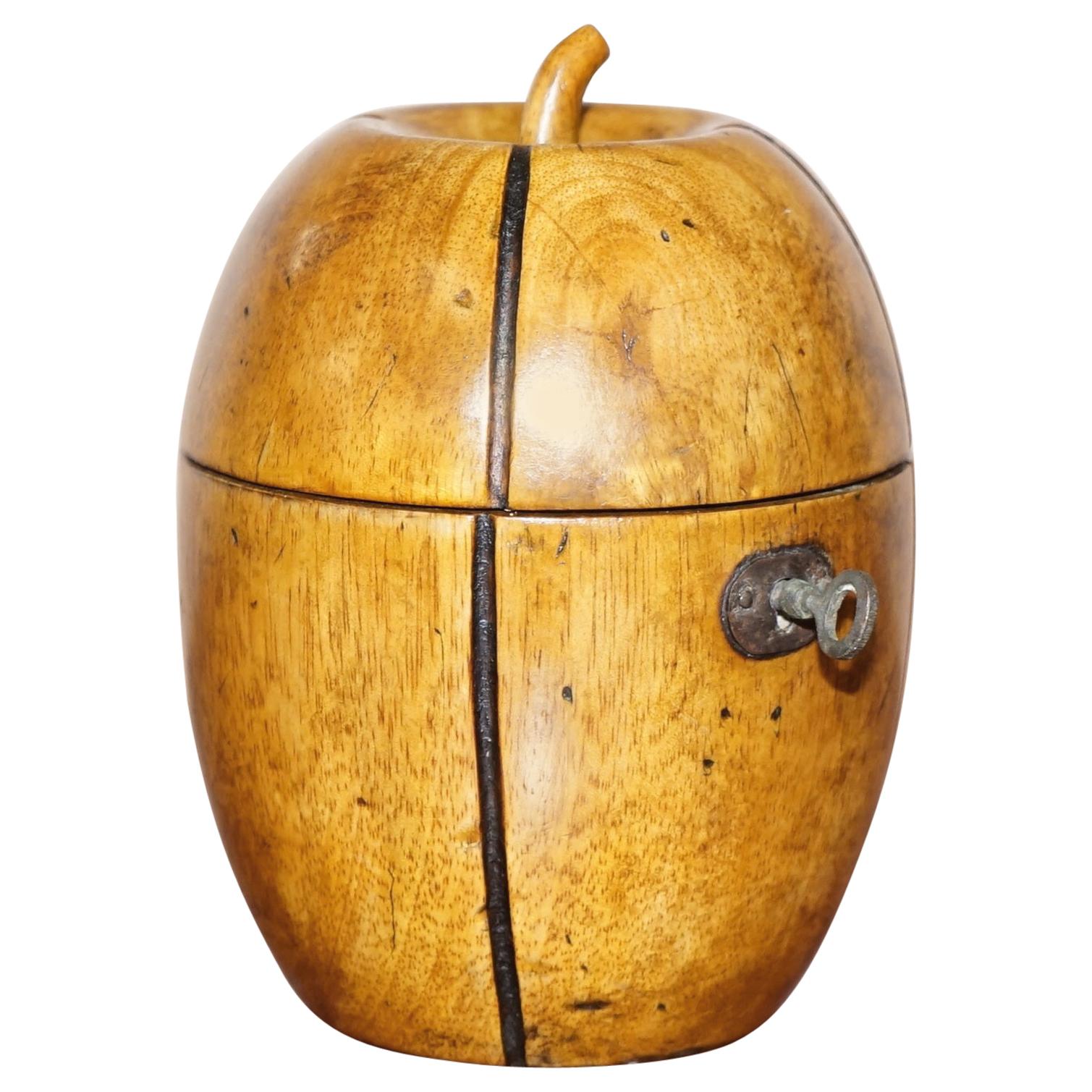 Rare circa 1820 Treen Hand Carved Apple Tea Caddy Original Key