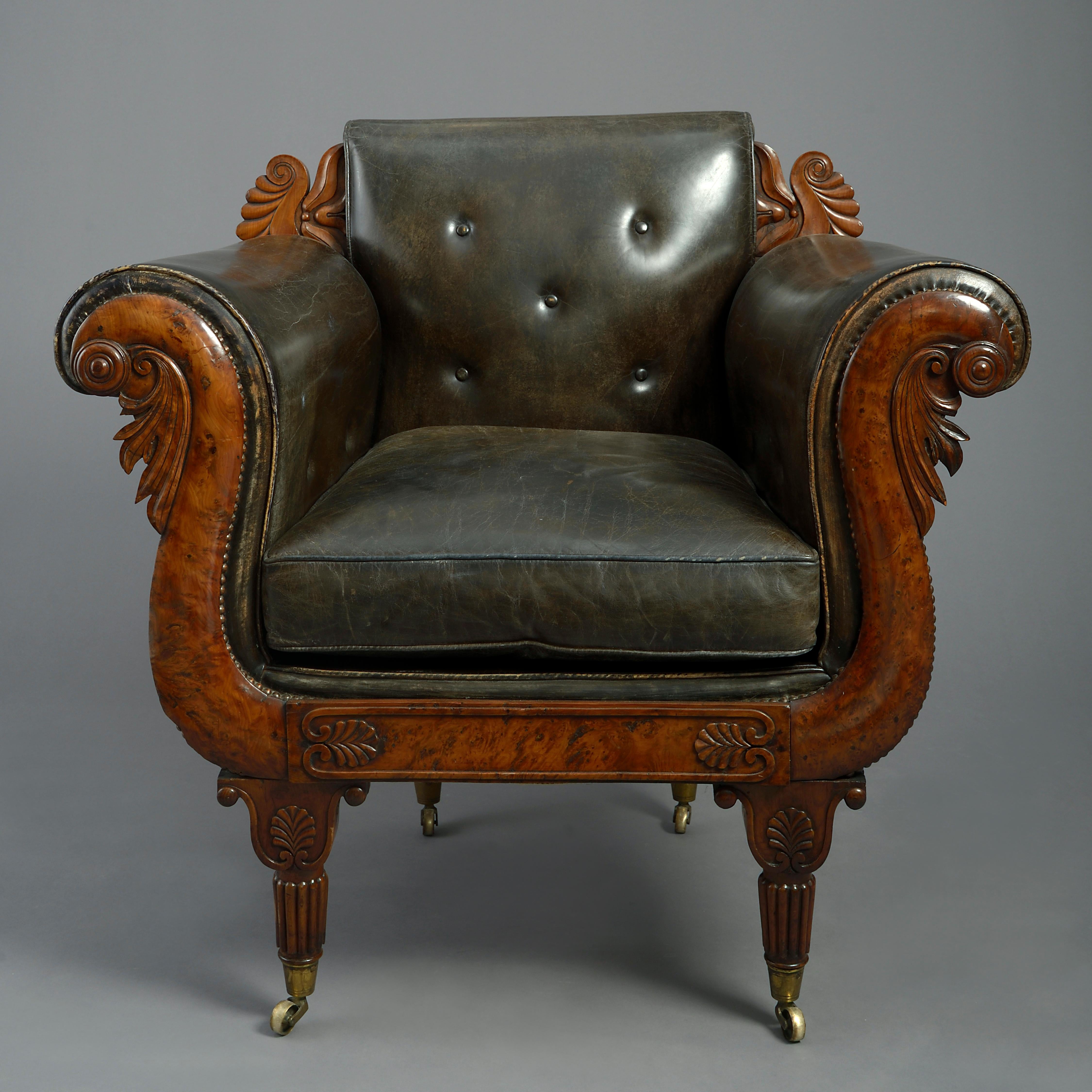 Scottish Rare Early 19th Century Regency Burr Yew Bergere Armchair