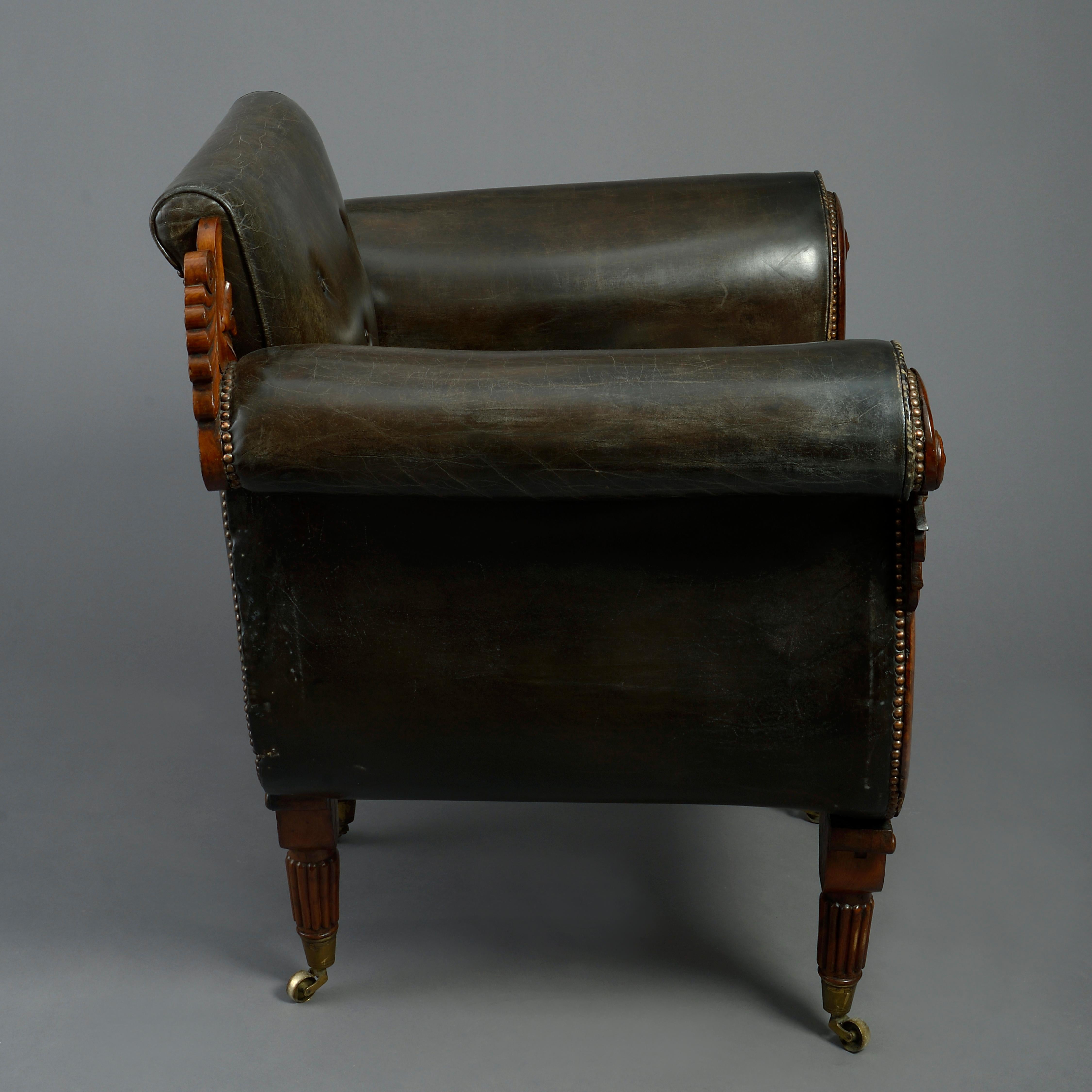 Hand-Carved Rare Early 19th Century Regency Burr Yew Bergere Armchair