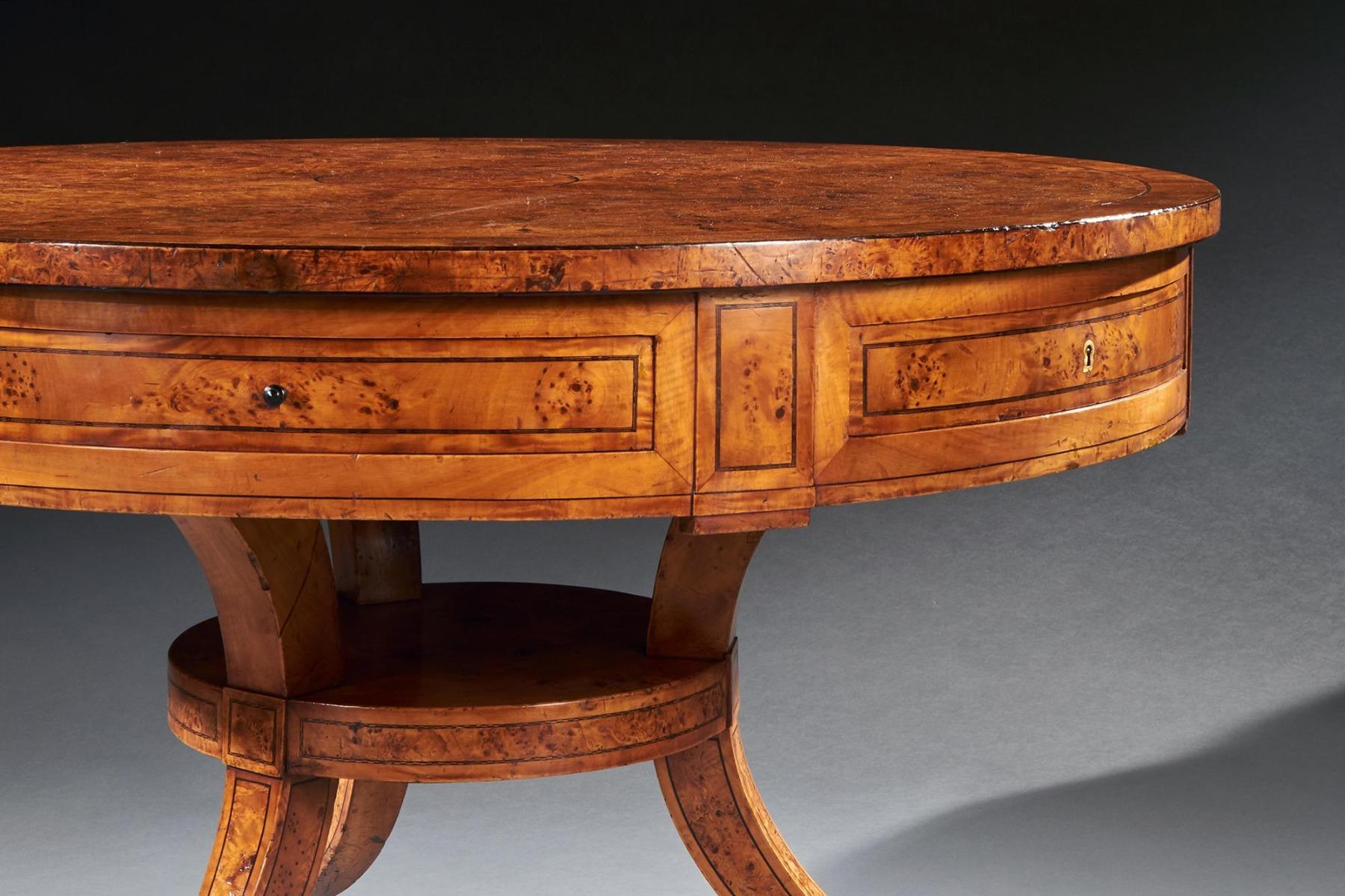 Rare Early 19th Century Scandinavian Burr Root Maple Drum Table For Sale 2