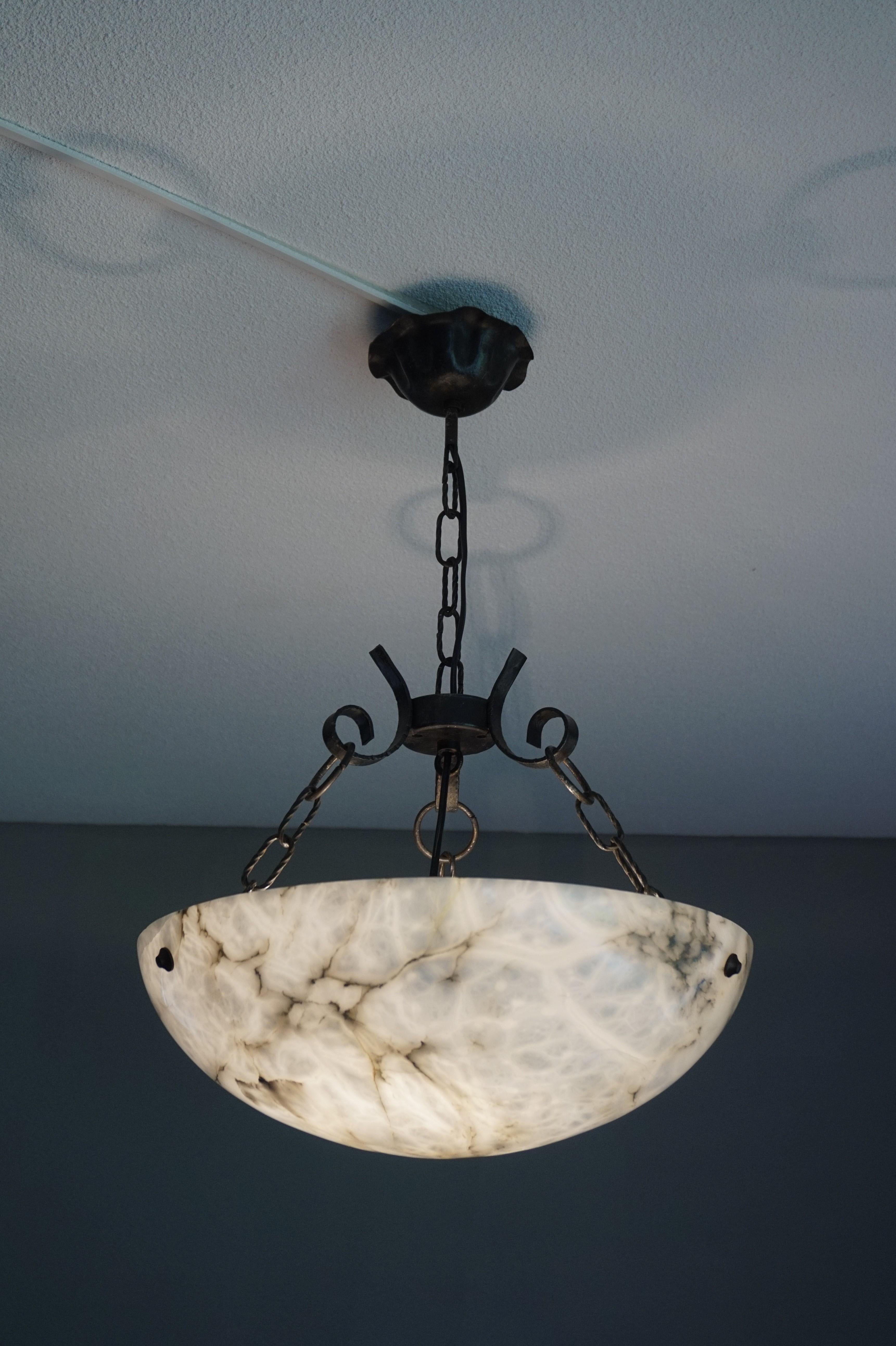 Rare Early 20th Century Alabaster & Wrought Iron Art Deco Flush Mount & Pendant In Good Condition In Lisse, NL