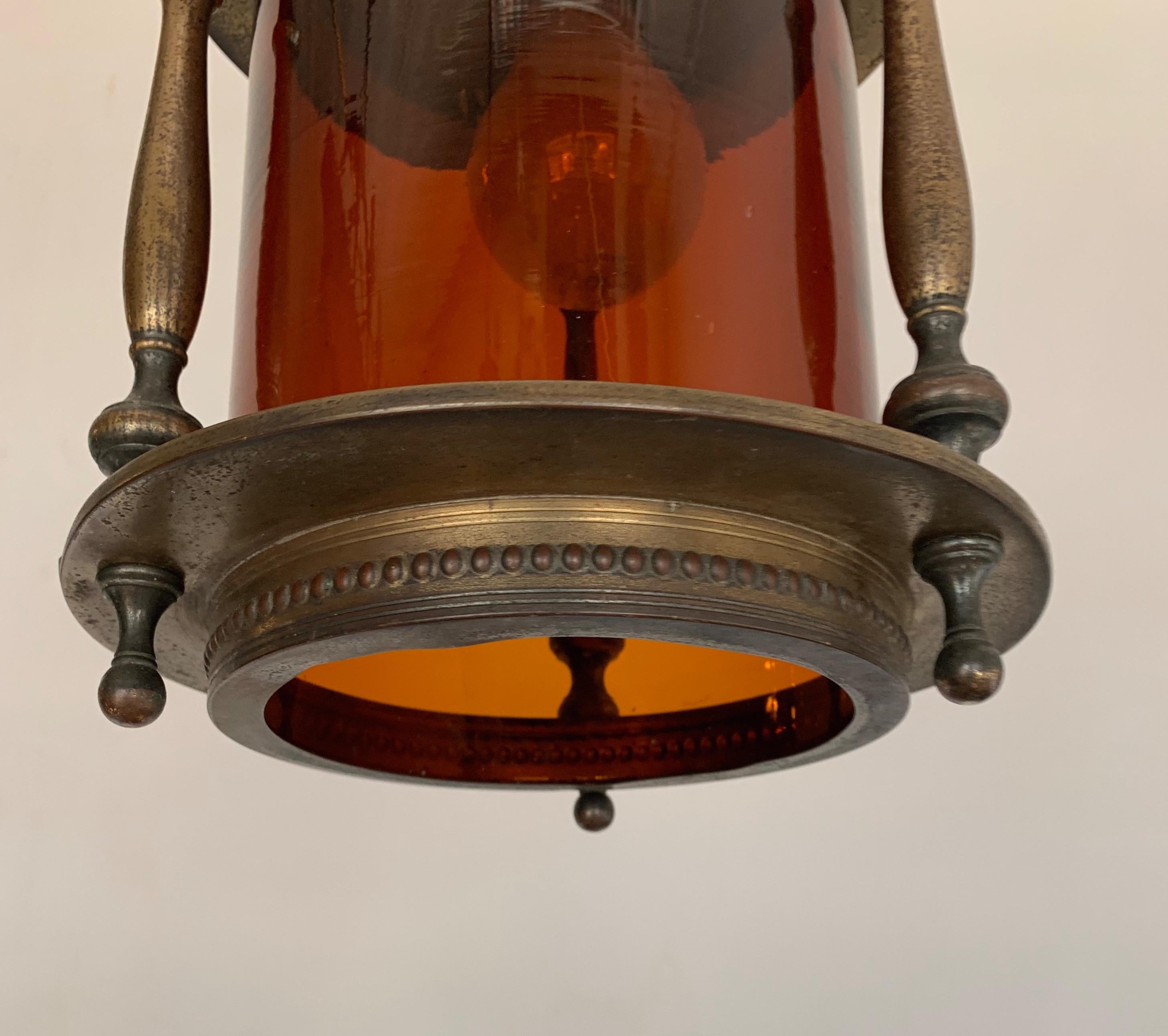 Rare Early 20th Century Brass & Orange Glass Ships Model Lantern Pendant Light For Sale 2
