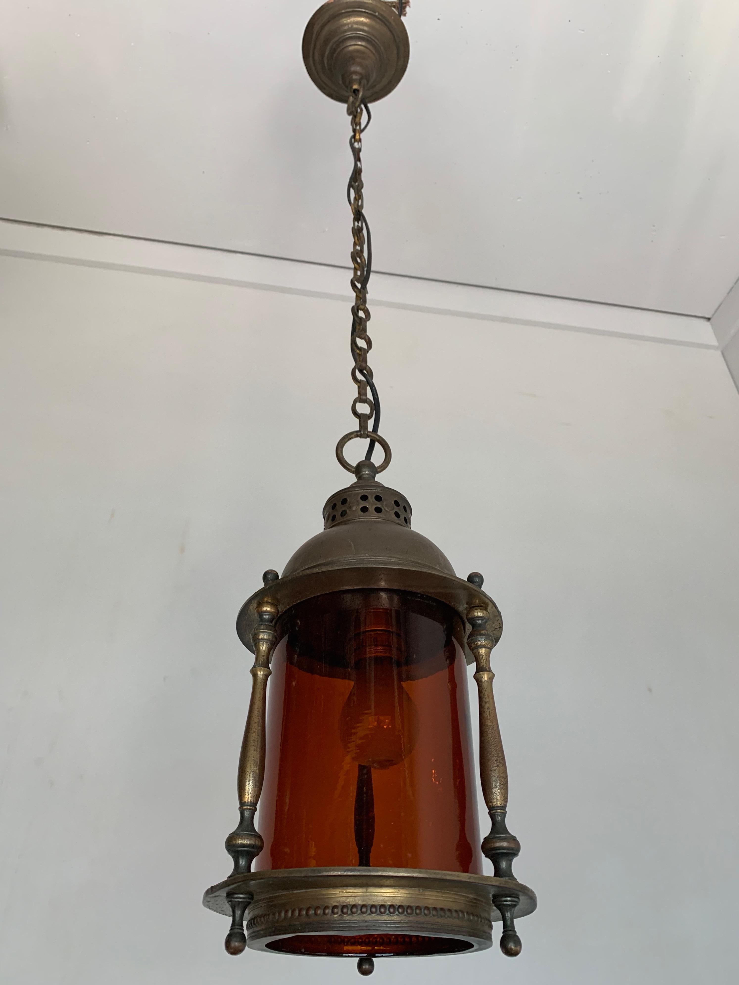 Rare Early 20th Century Brass & Orange Glass Ships Model Lantern Pendant Light For Sale 3