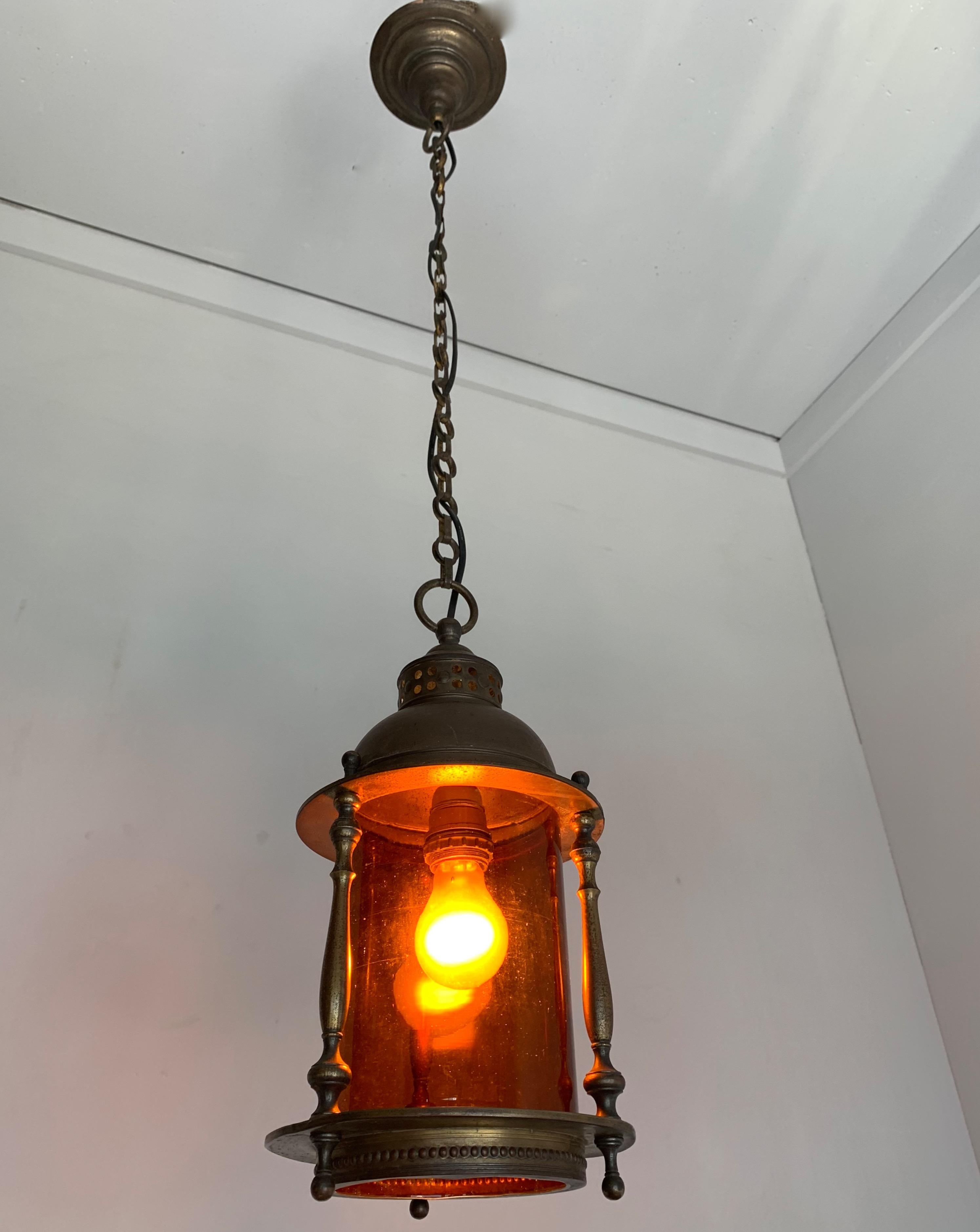 Rare Early 20th Century Brass & Orange Glass Ships Model Lantern Pendant Light For Sale 4