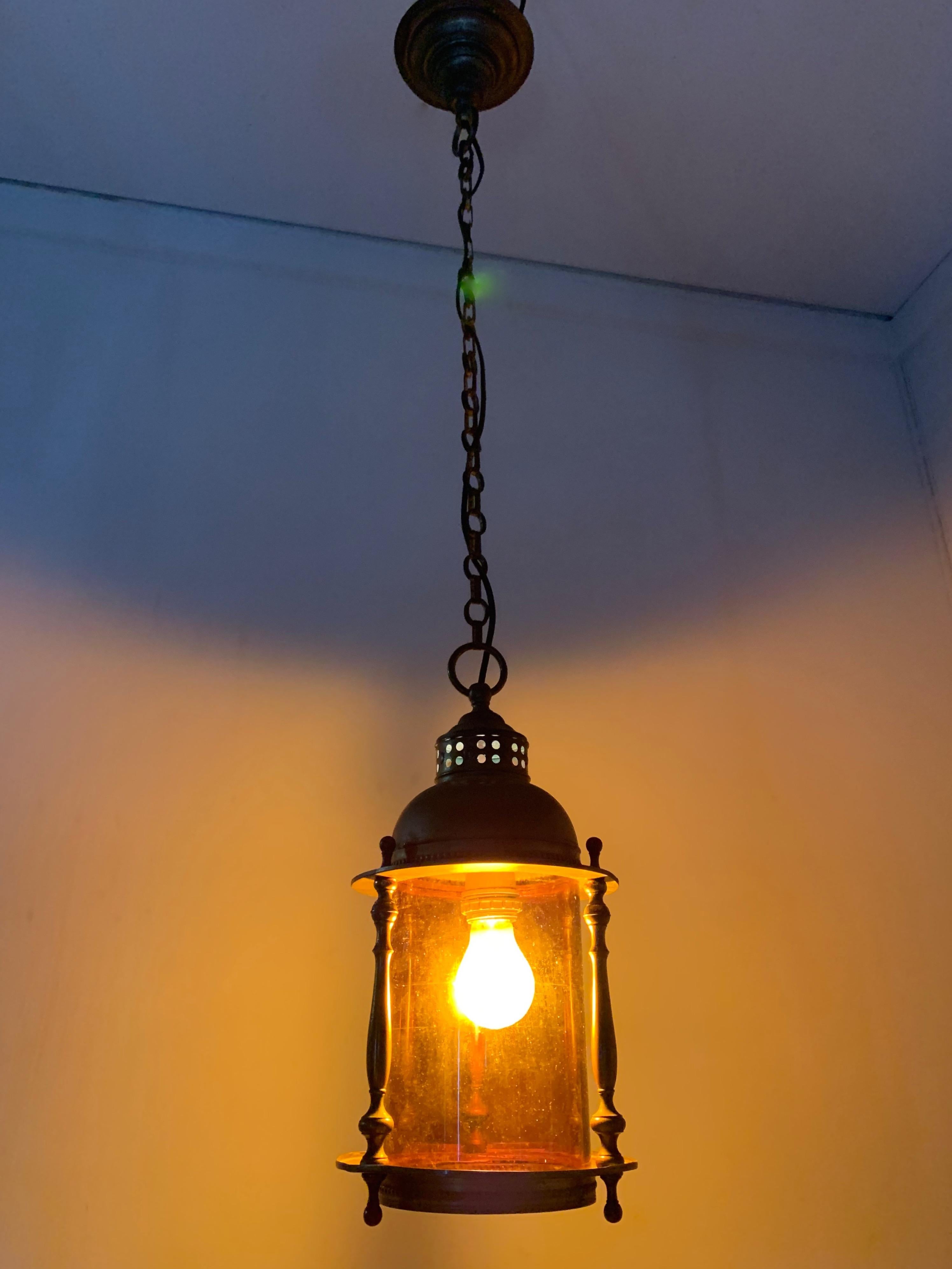 Rare Early 20th Century Brass & Orange Glass Ships Model Lantern Pendant Light For Sale 5