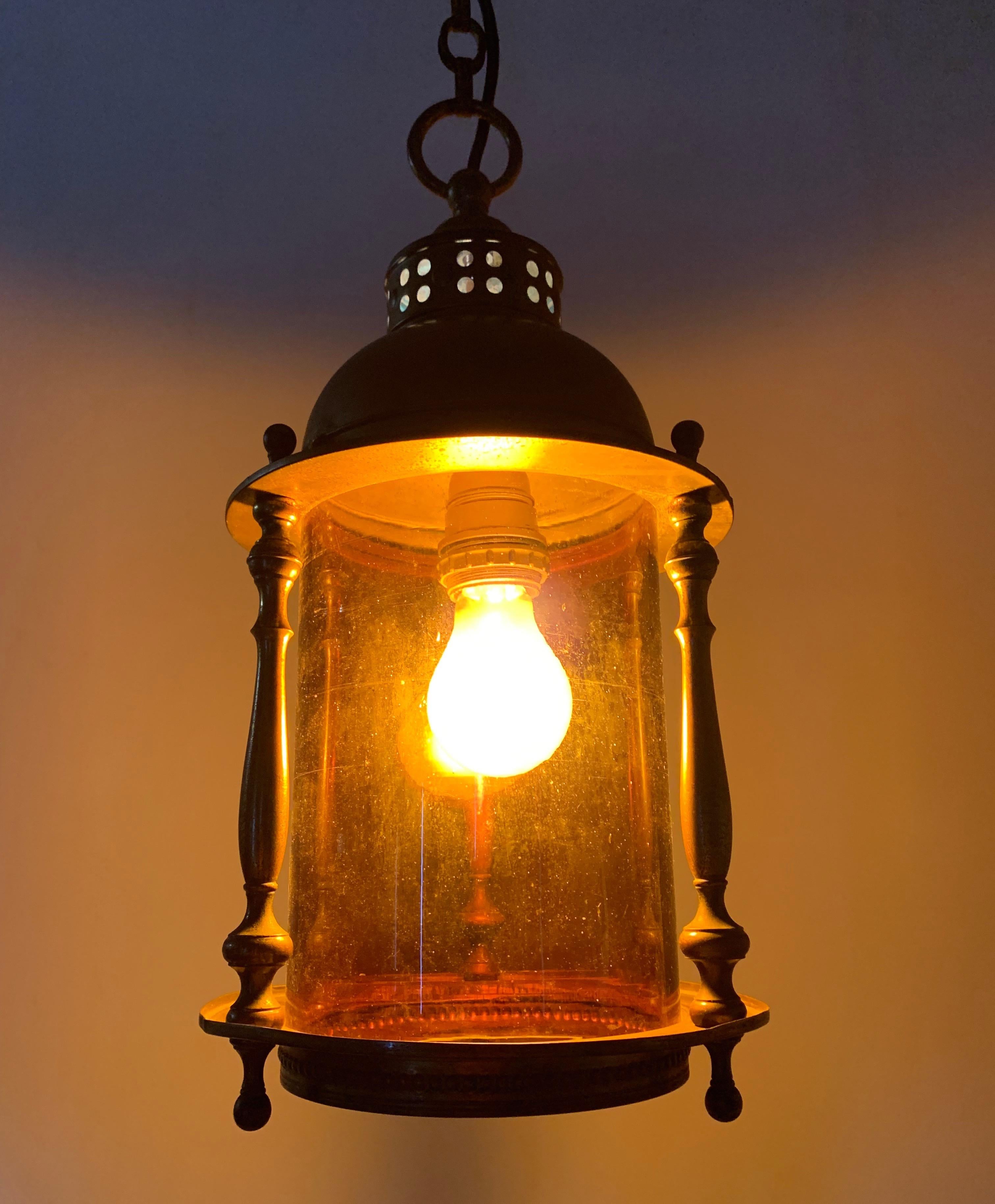 Rare Early 20th Century Brass & Orange Glass Ships Model Lantern Pendant Light For Sale 6