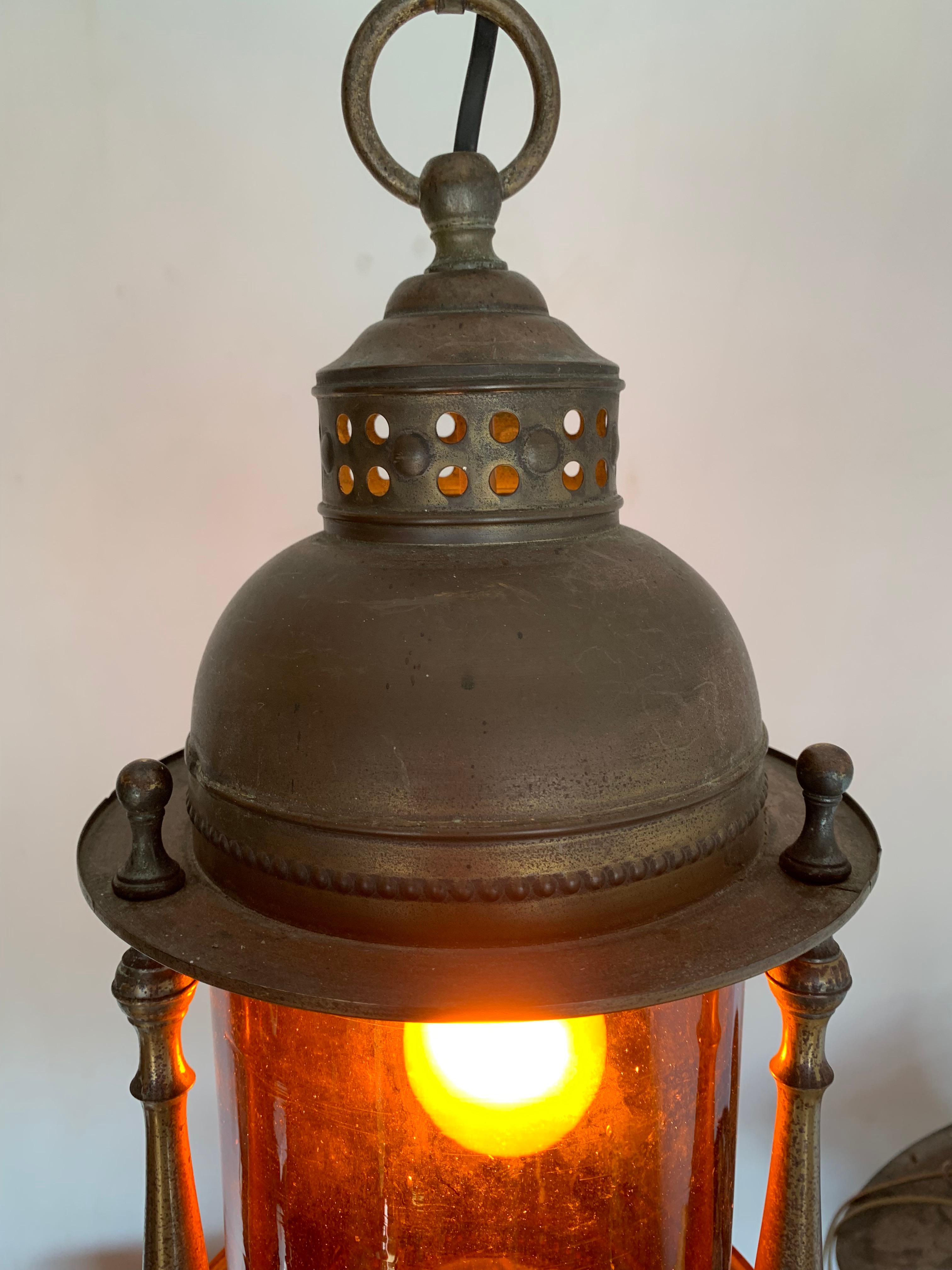 Rare Early 20th Century Brass & Orange Glass Ships Model Lantern Pendant Light For Sale 7