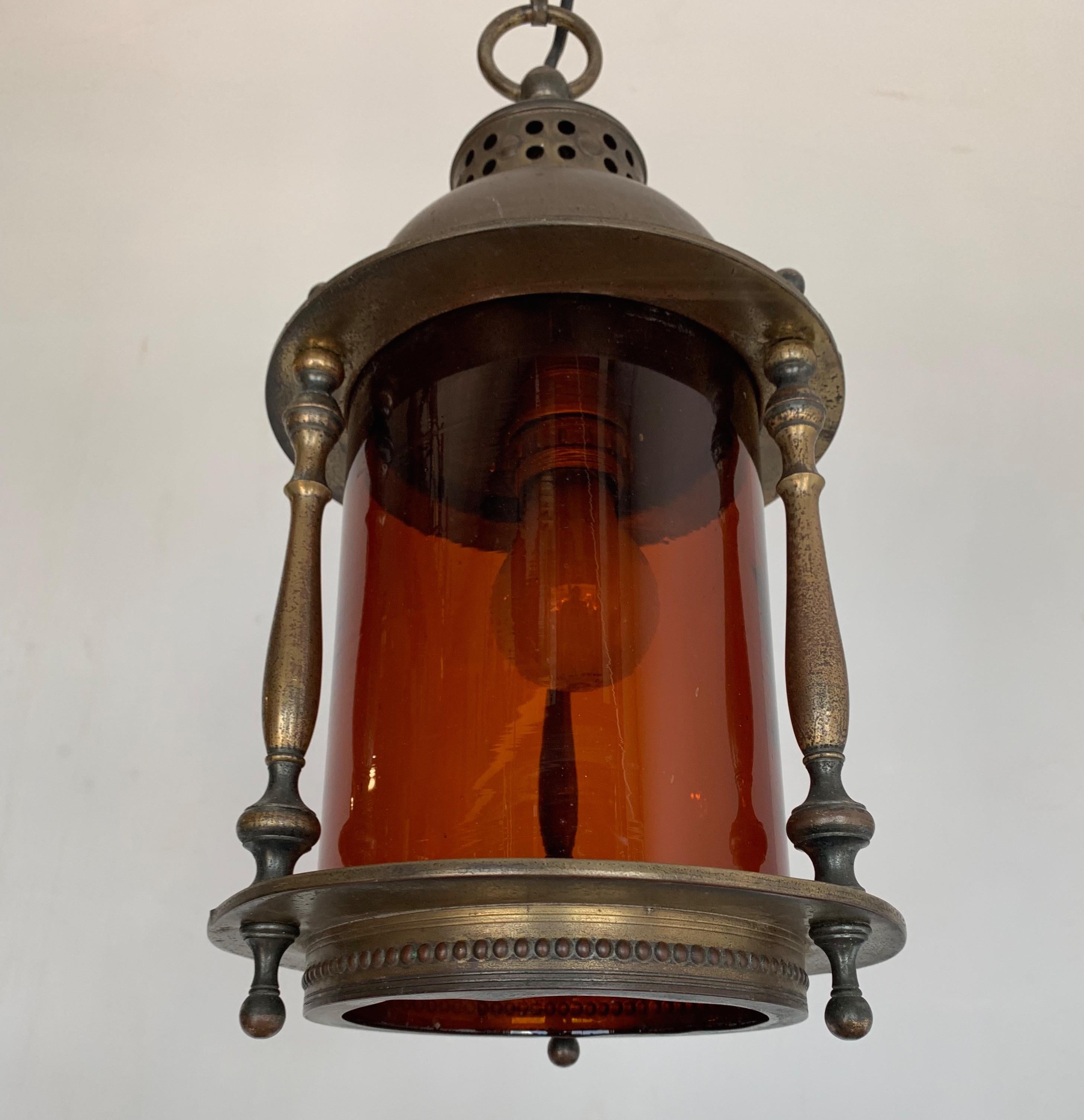Rare Early 20th Century Brass & Orange Glass Ships Model Lantern Pendant Light For Sale 8