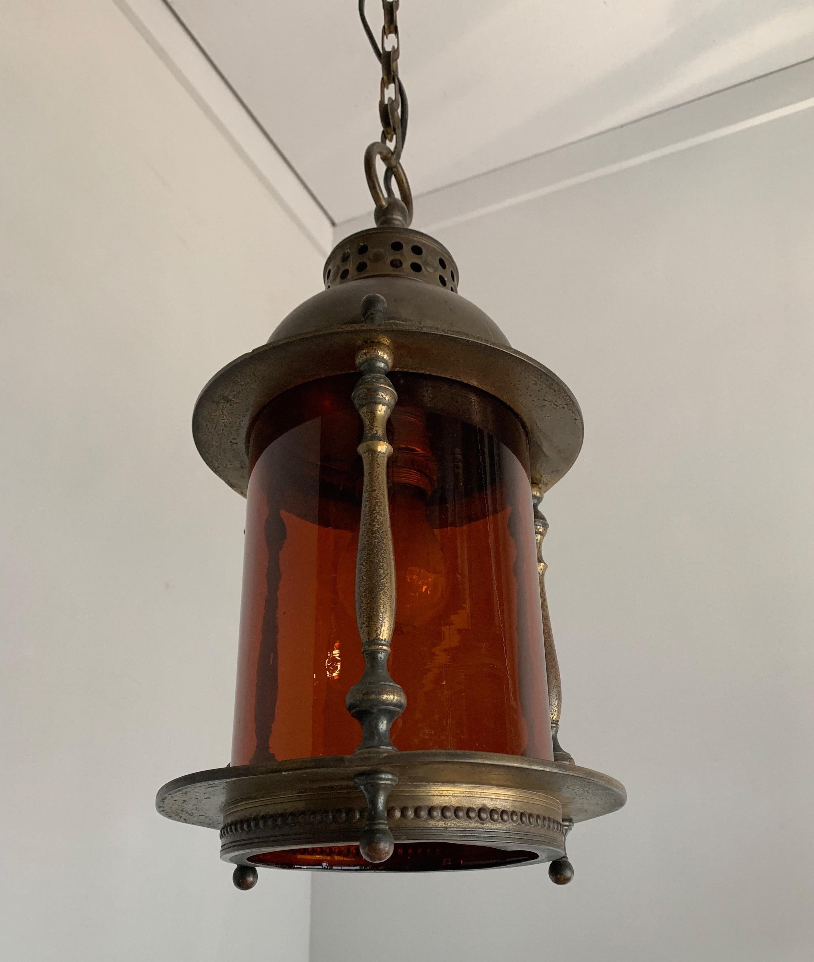 Rare Early 20th Century Brass & Orange Glass Ships Model Lantern Pendant Light For Sale 9
