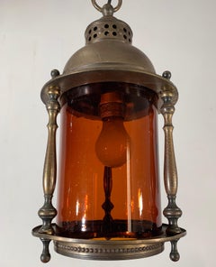 Rare Early 20th Century Brass & Orange Glass Ships Model Lantern Pendant Light