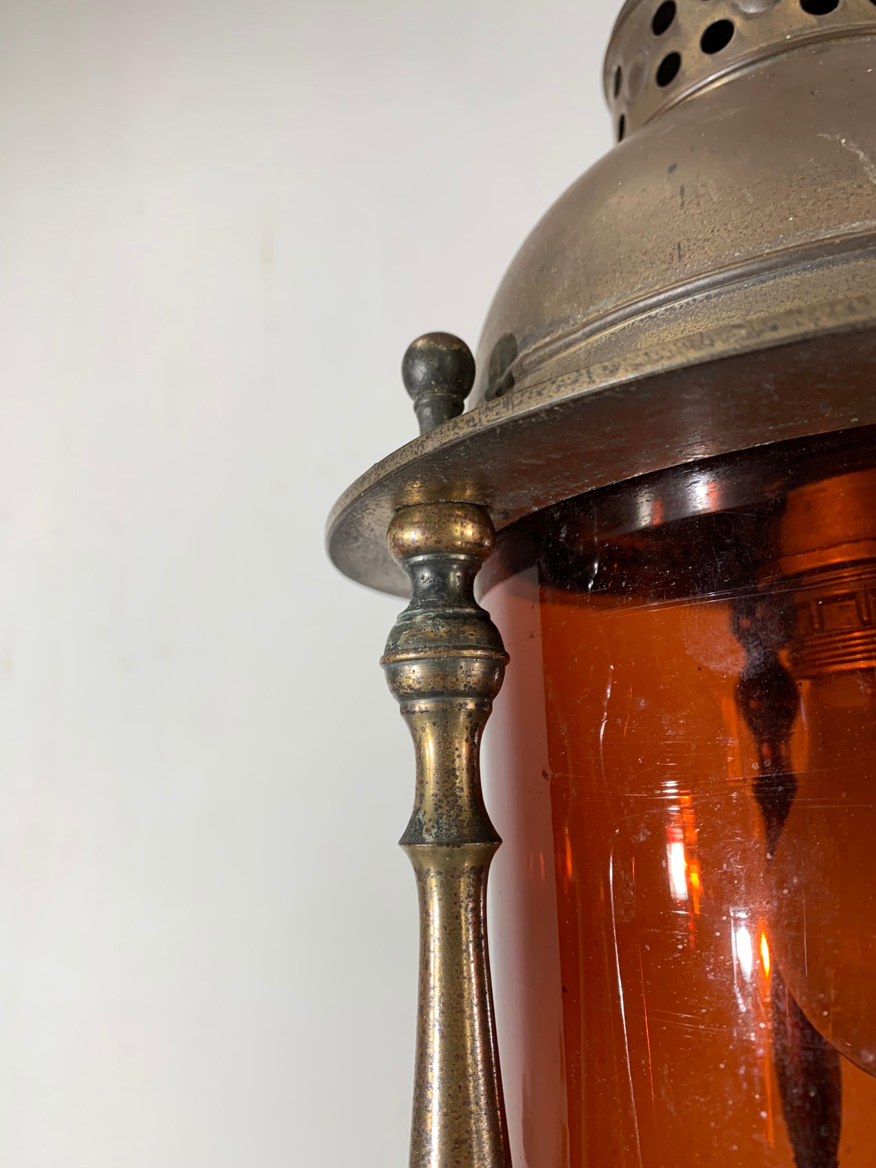 Dutch Rare Early 20th Century Brass & Orange Glass Ships Model Lantern Pendant Light For Sale