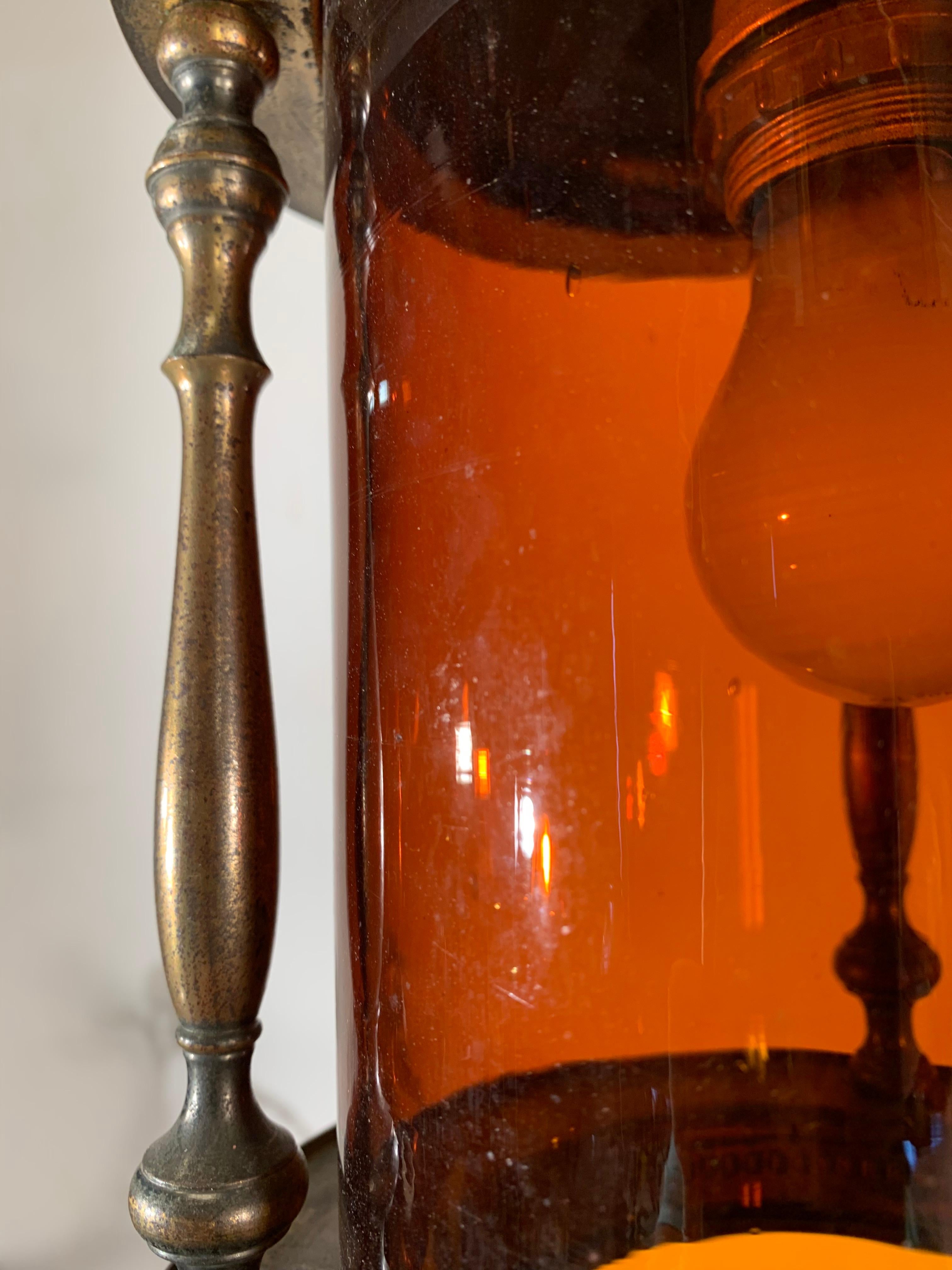 Hand-Crafted Rare Early 20th Century Brass & Orange Glass Ships Model Lantern Pendant Light For Sale