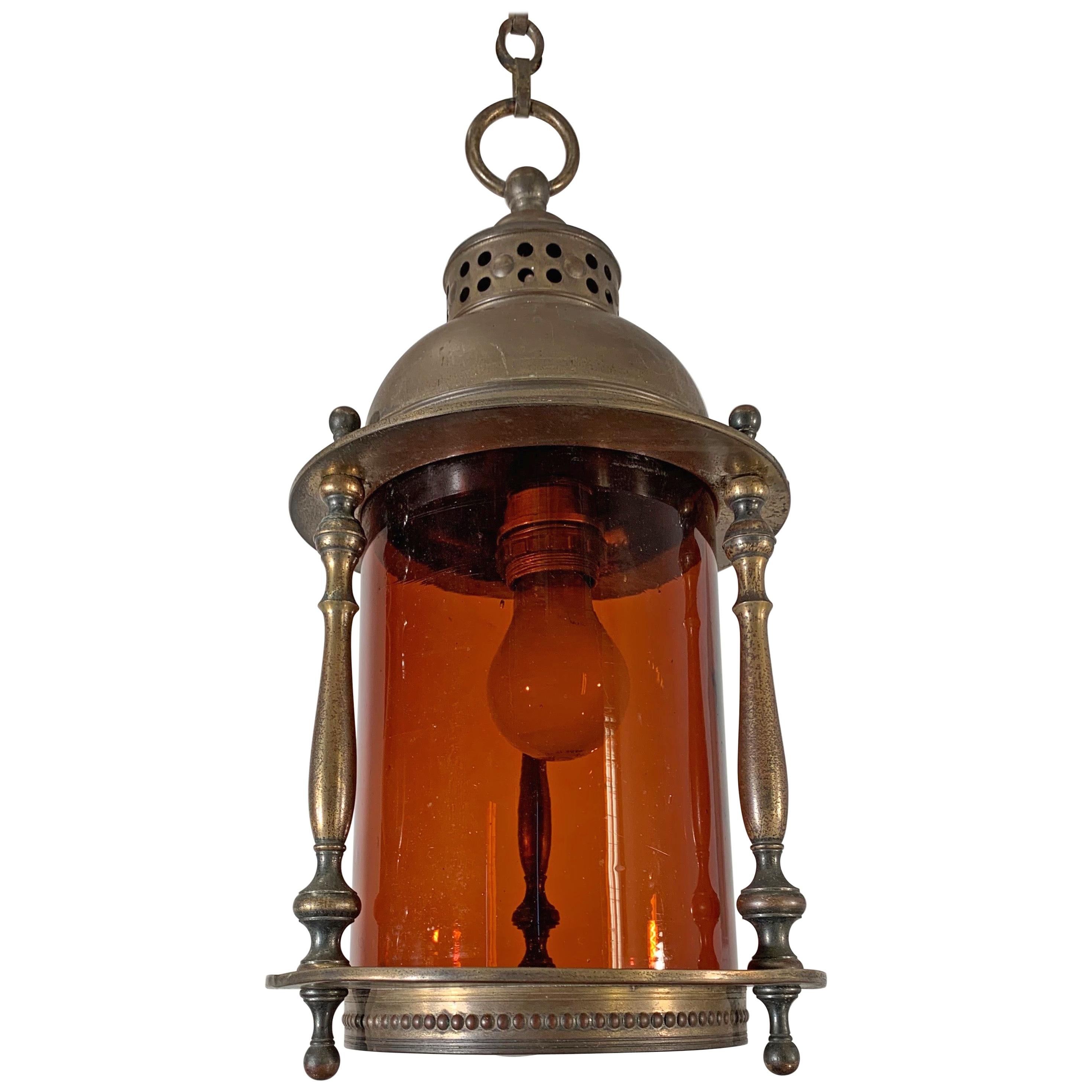 Rare Early 20th Century Brass & Orange Glass Ships Model Lantern Pendant Light