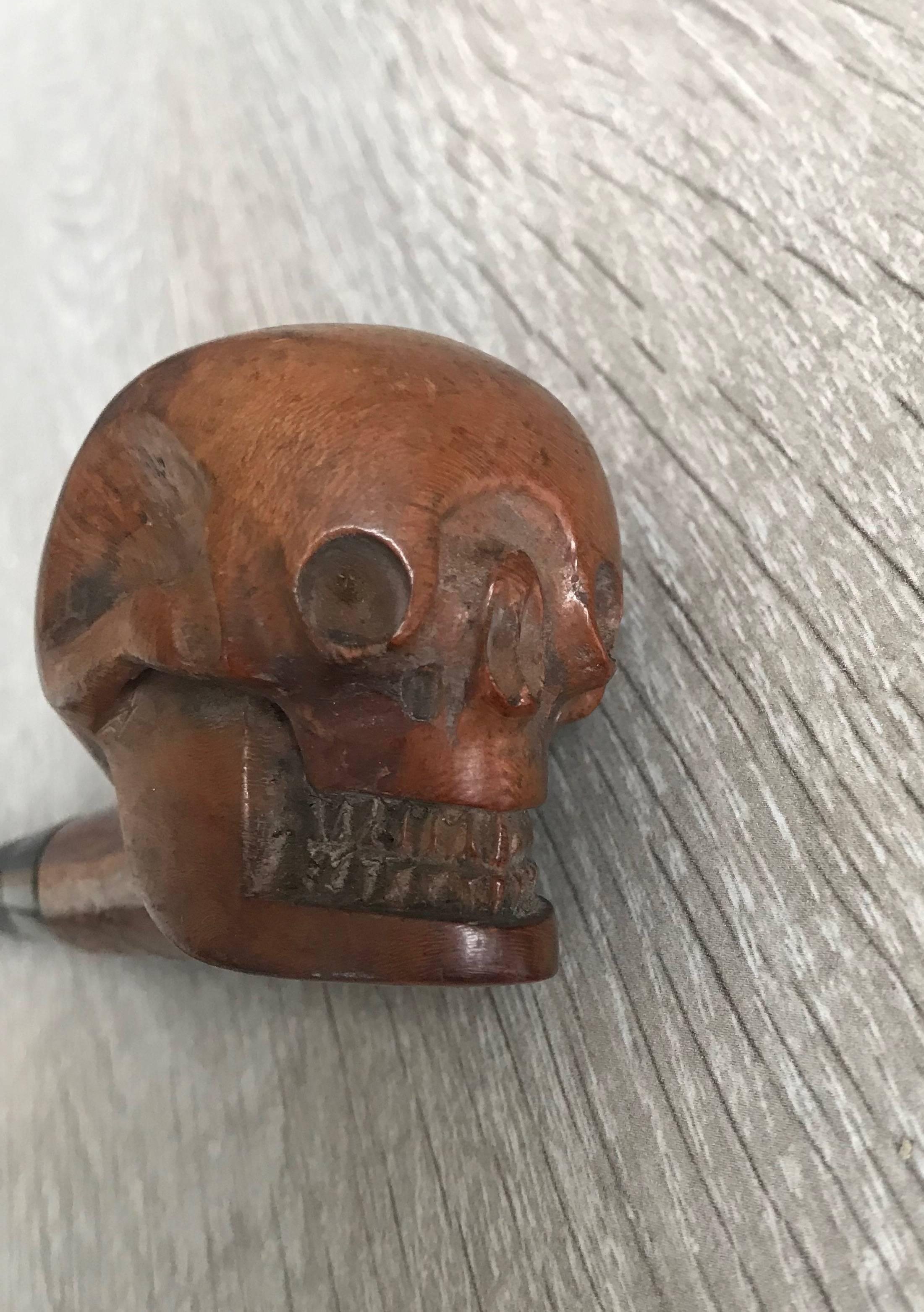 Rare Early 20th Century Hand-Carved and Handcrafted Burl Walnut Human Skull Pipe 4