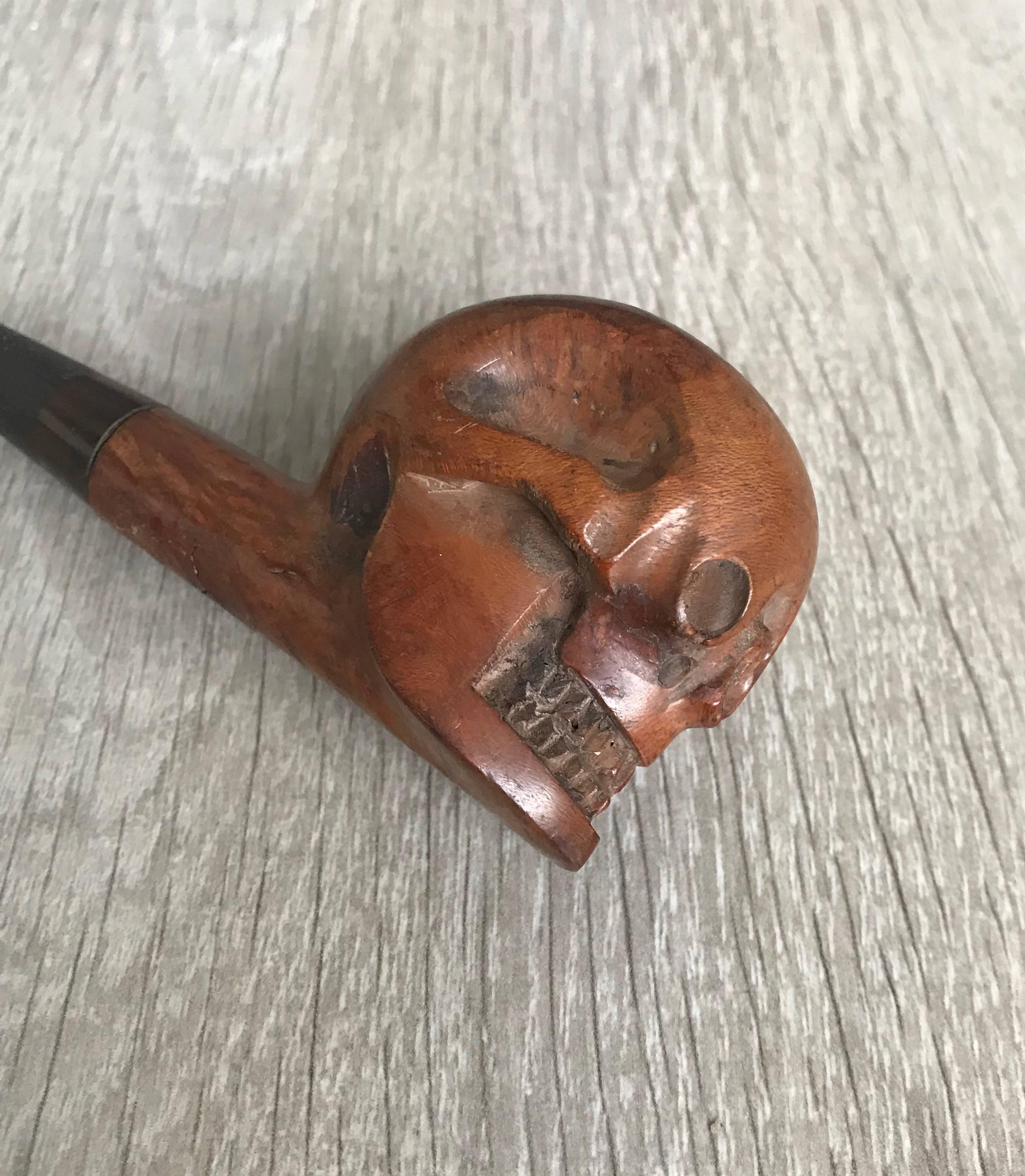 Rare Early 20th Century Hand-Carved and Handcrafted Burl Walnut Human Skull Pipe 5