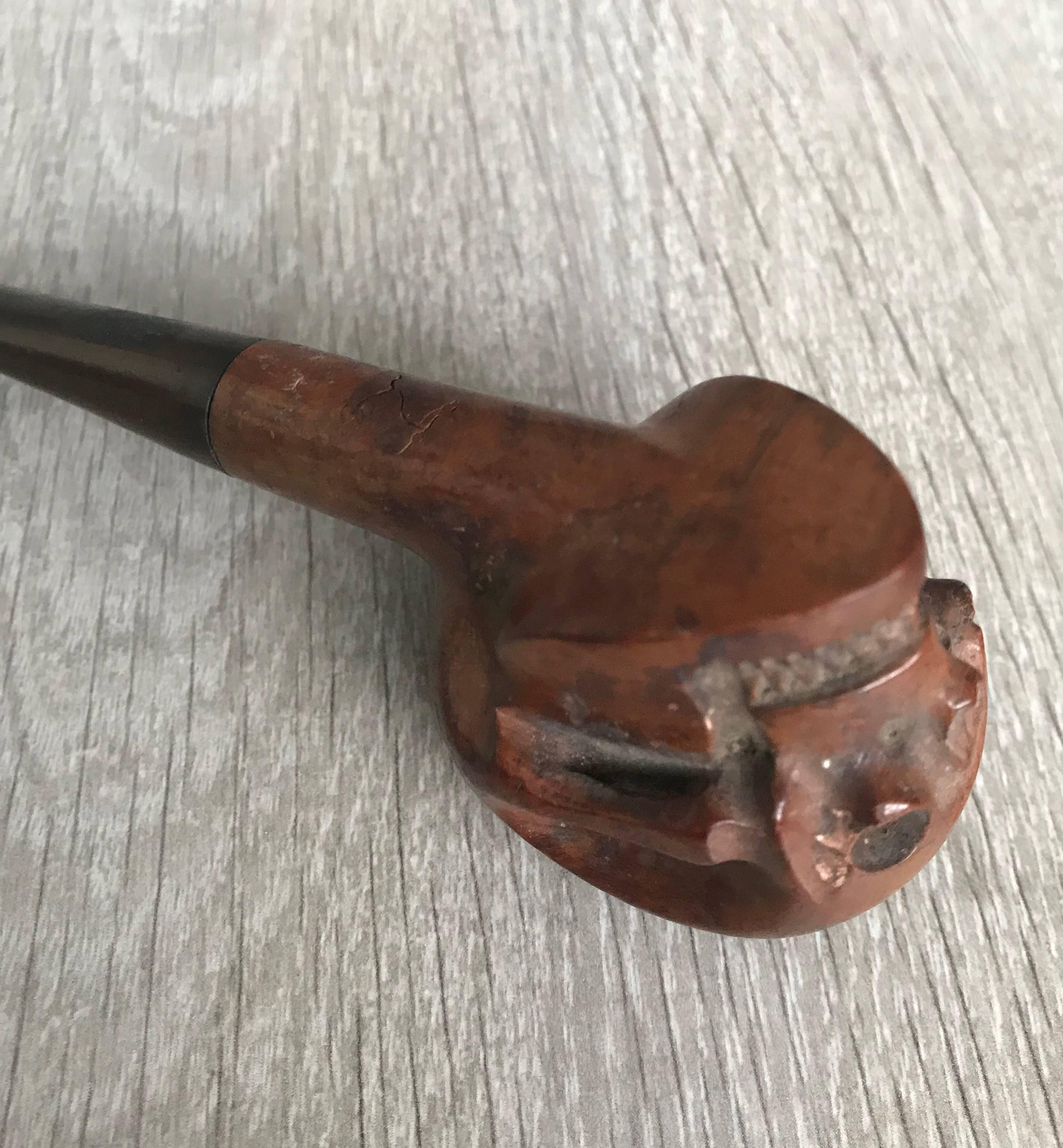Rare Early 20th Century Hand-Carved and Handcrafted Burl Walnut Human Skull Pipe 1