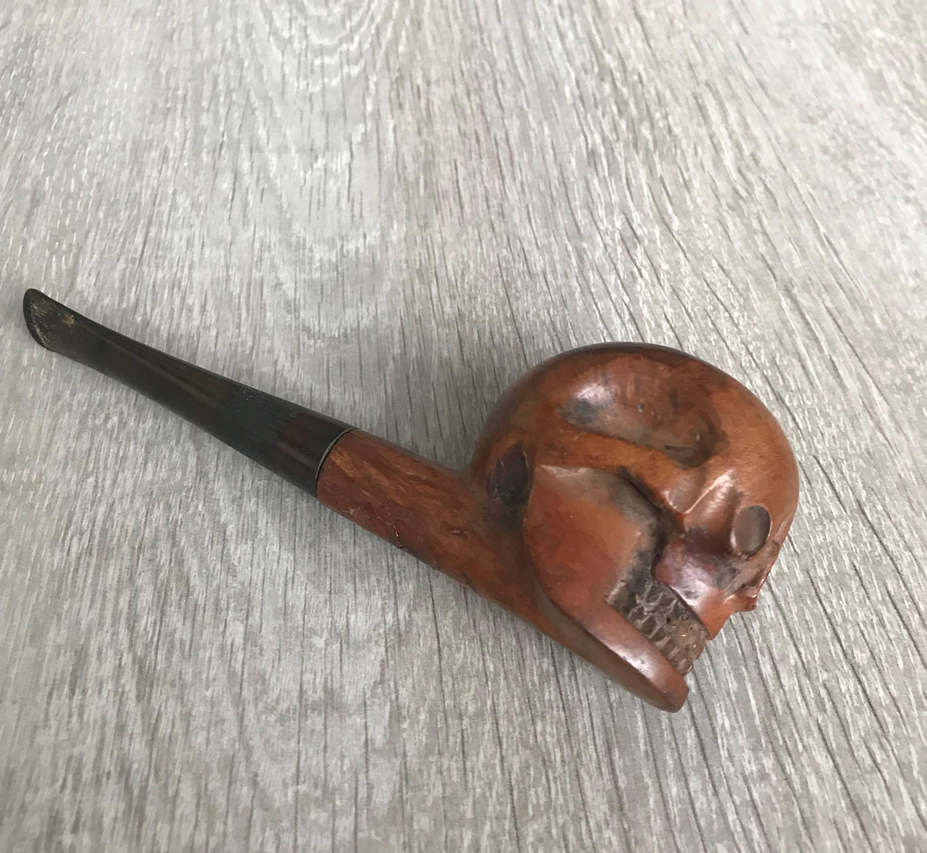 Rare Early 20th Century Hand-Carved and Handcrafted Burl Walnut Human Skull Pipe 3
