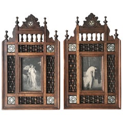 Rare Pair of Antique Handcrafted Wooden and Inlaid Picture Frames, c. 1910