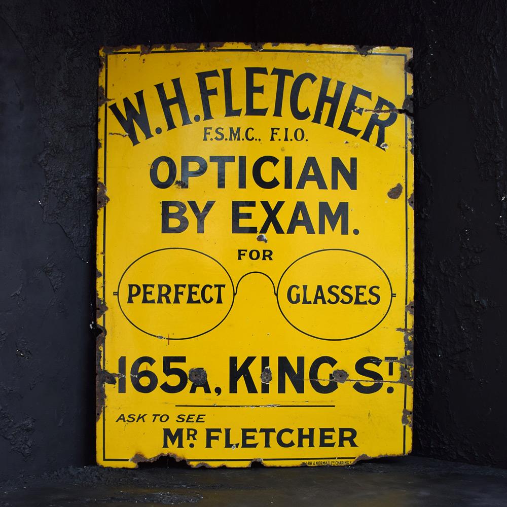 Rare early 20th century opticians English enamel trade sign 

A rare example of an early 20th century opticians English enamel trade sign. With highly decorative graphics, stating optician by exam for perfect glasses as to see Mr Fletcher. This