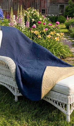 Rare Early 20th Century Whole Cloth Indigo Quilt with Elaborate Hand Quilting