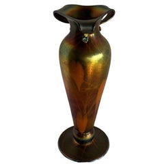 Rare Early 20th Iridescent Handblown Heart & Vine Vase Set by Imperial