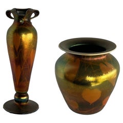 Rare Early 20th Iridescent Handblown Heart & Vine Vase Set by Imperial