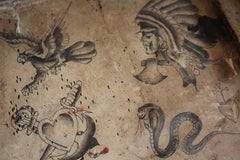Seltene & frühe Original-Tattoo-Karte aus dem 20. Jahrhundert mit Flash-Motiven: Totenköpfe, Indianer, religiöse Kuriositäten