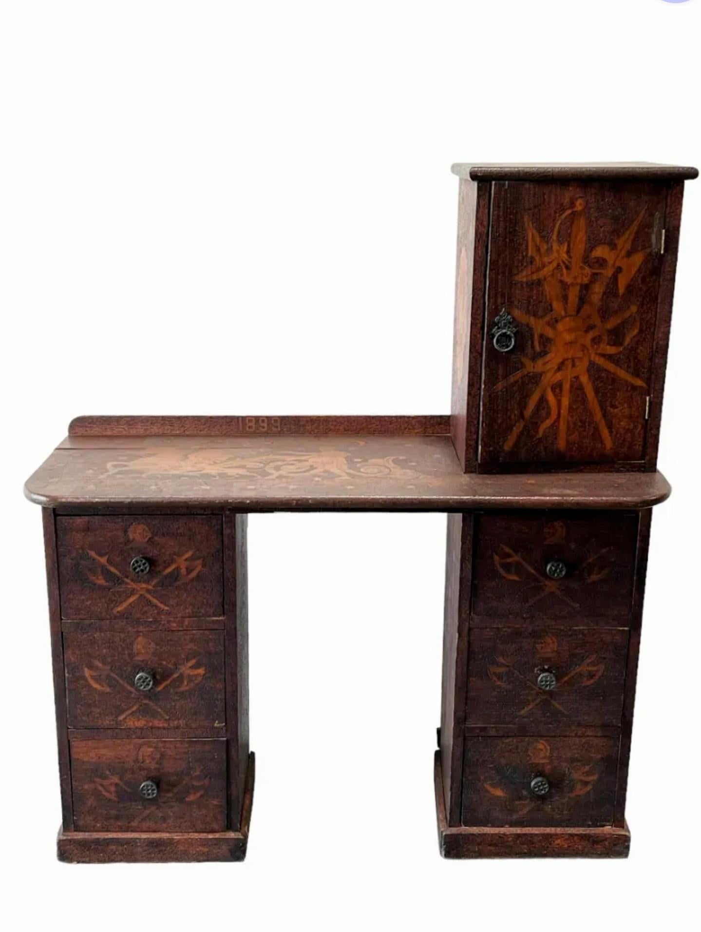 Rare Early American Country Pyrography Desk For Sale 7