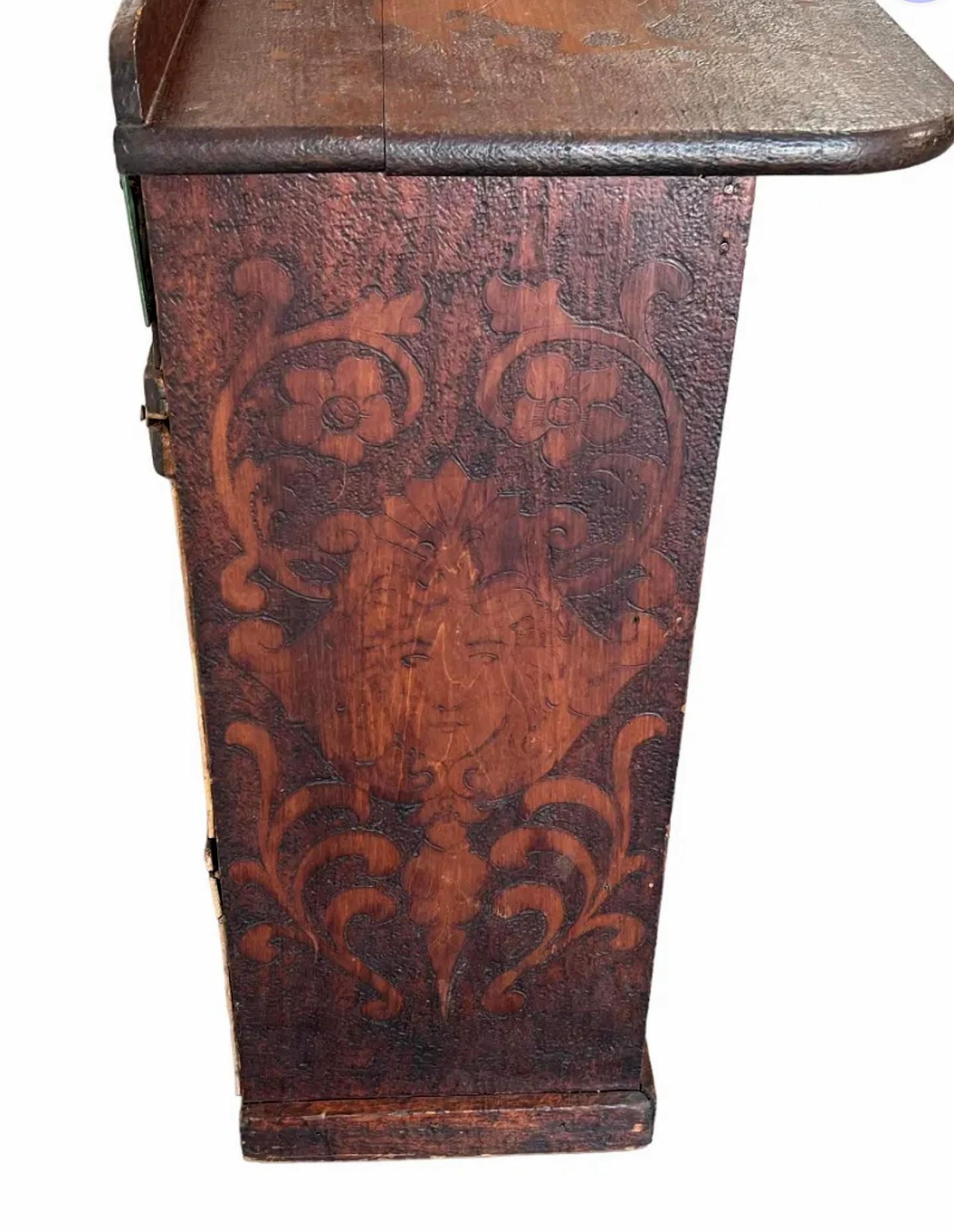 Folk Art Rare Early American Country Pyrography Desk For Sale
