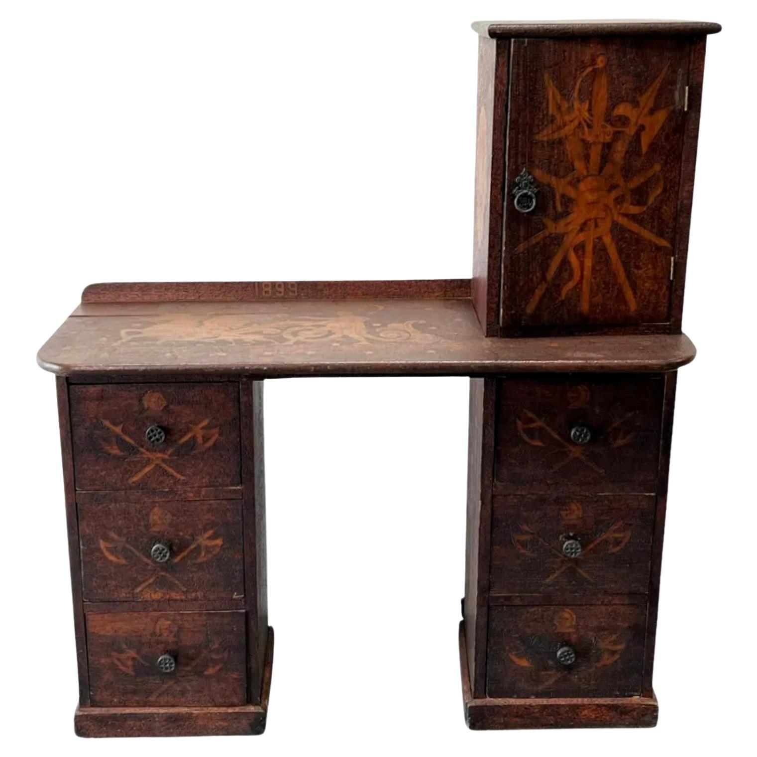 Rare Early American Country Pyrography Desk For Sale