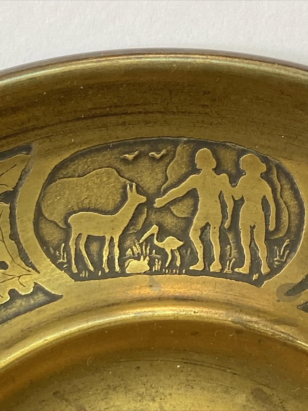 Engraved Rare early Bezalel Jerusalem JUDAICA etched brass garden of eden plate For Sale