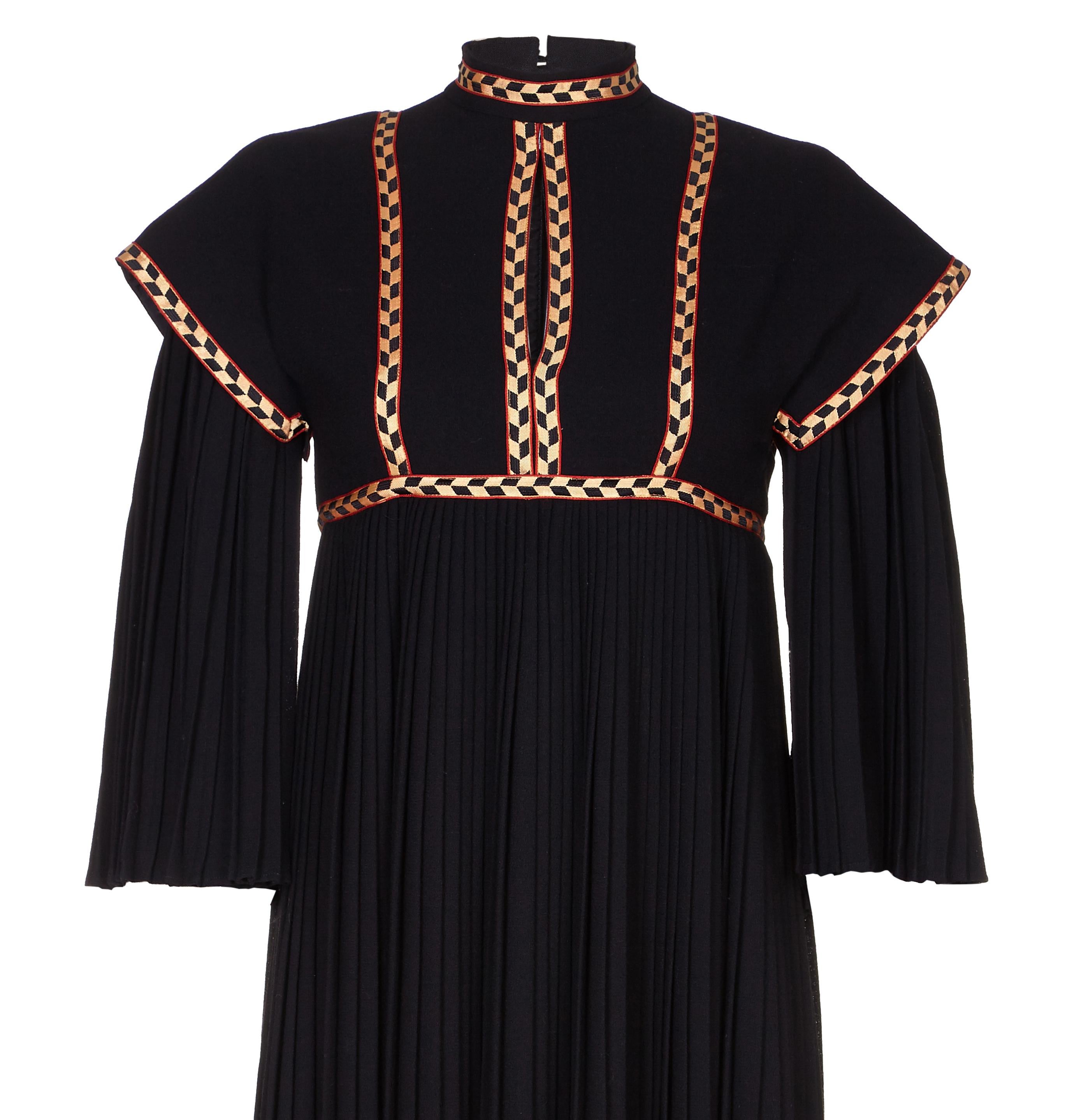Rare Early Bill Gibb 1970s Renaissance Style Black Pleated Dress In Excellent Condition In London, GB