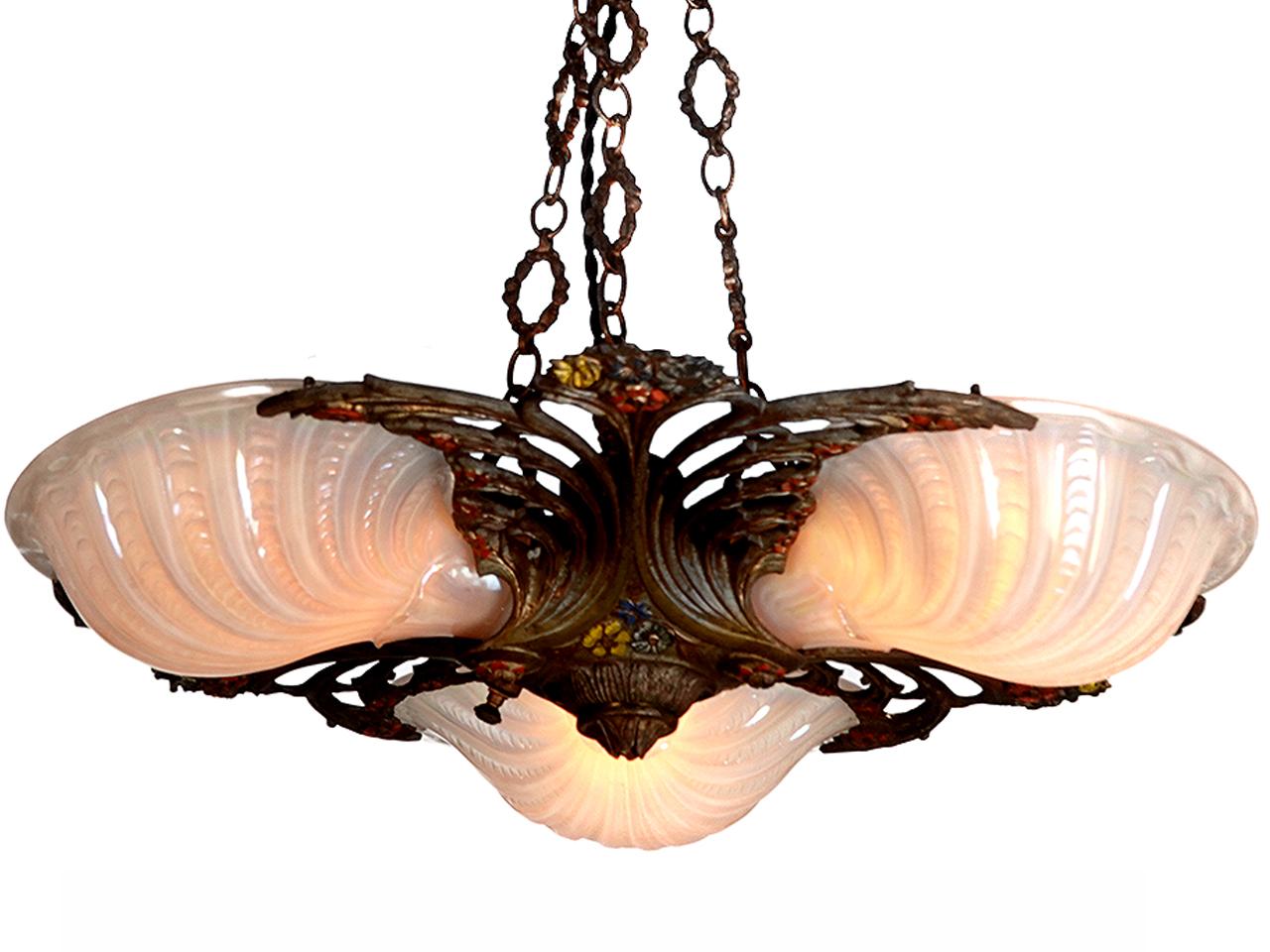 Art Nouveau Rare Early Conneaut Glass Shell Chandelier