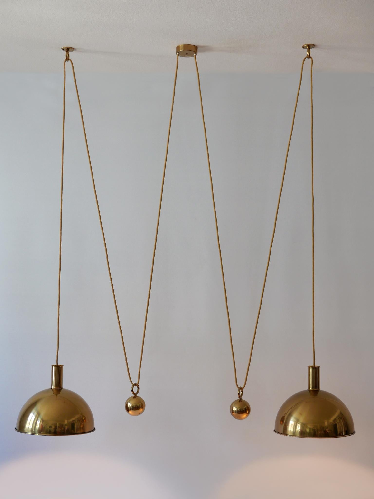 Mid-Century Modern Rare Early Double Solid Brass Counterweight Pendant Lamp by Florian Schulz 1960s
