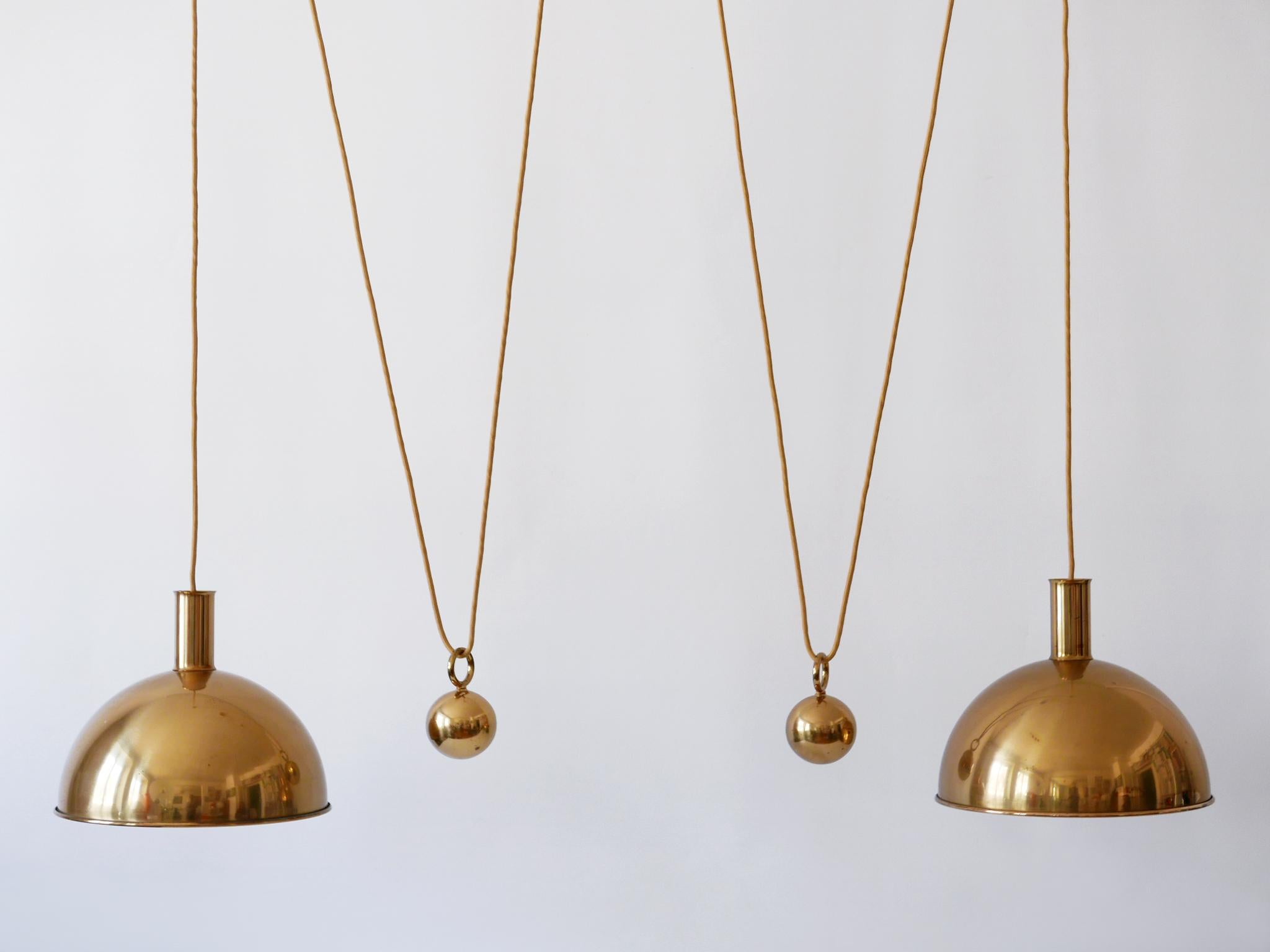 German Rare Early Double Solid Brass Counterweight Pendant Lamp by Florian Schulz 1960s