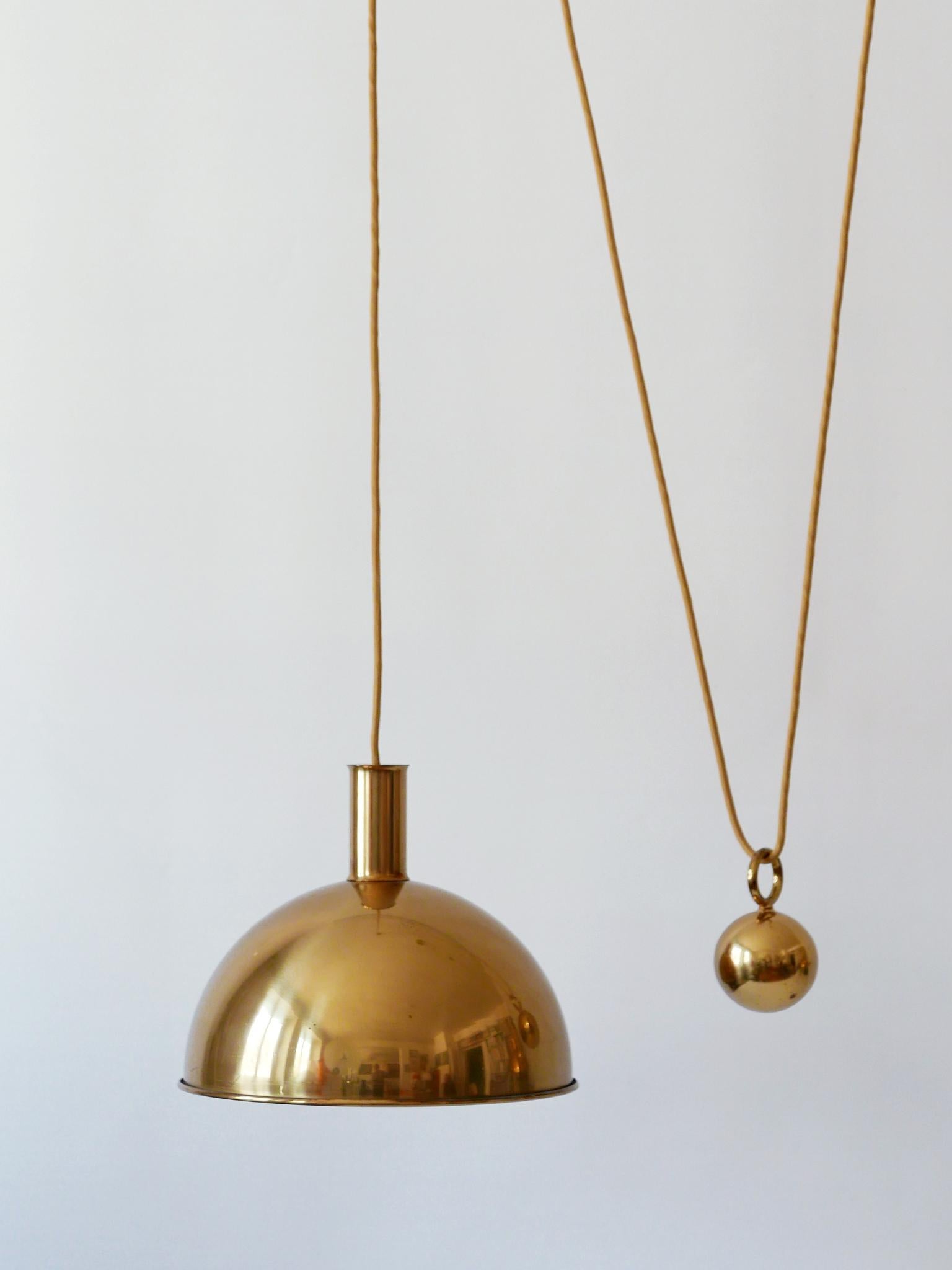 Polished Rare Early Double Solid Brass Counterweight Pendant Lamp by Florian Schulz 1960s
