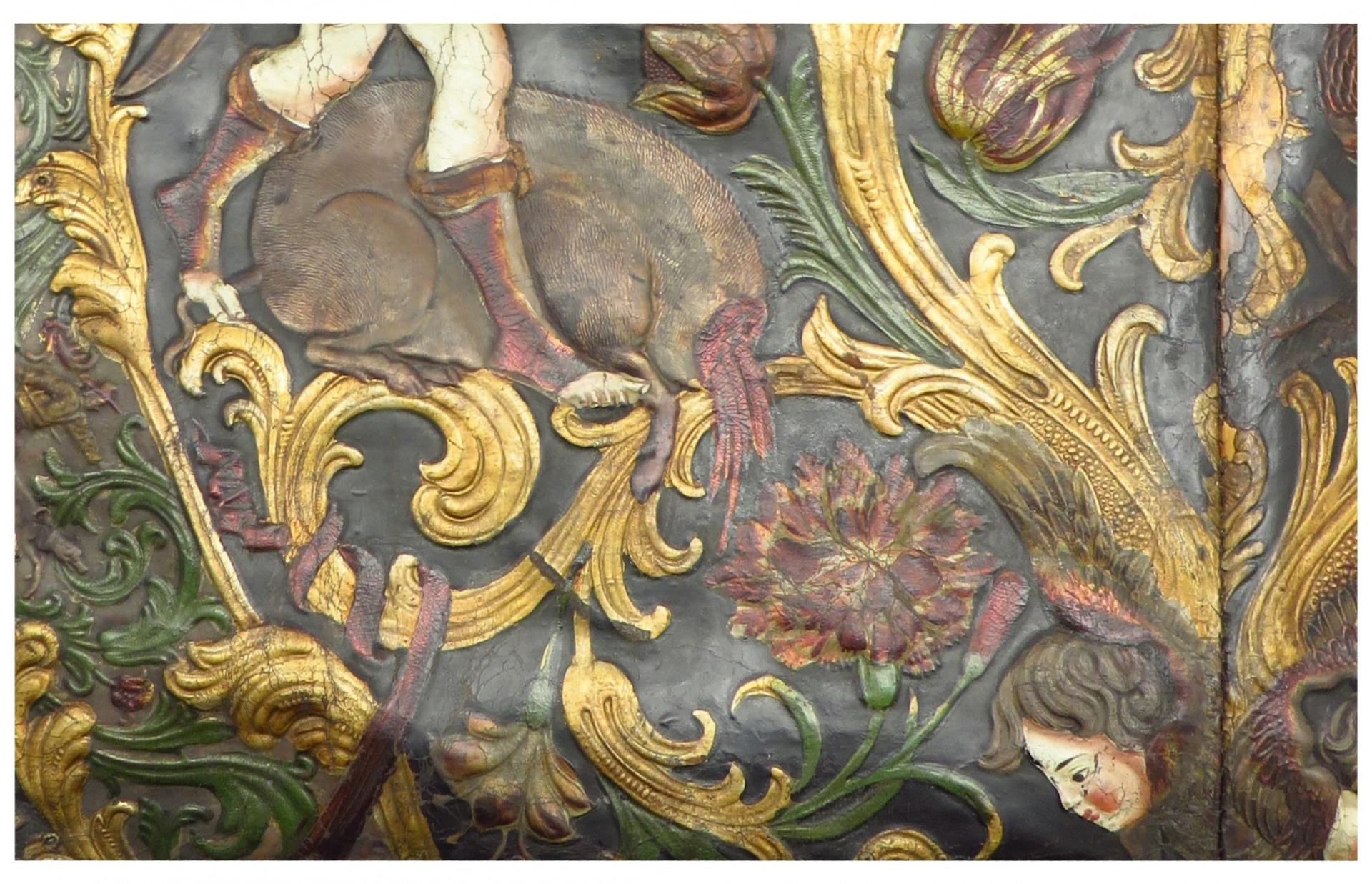 Rare early Embossed gilt leather, mythological hunting scene. For Sale 4